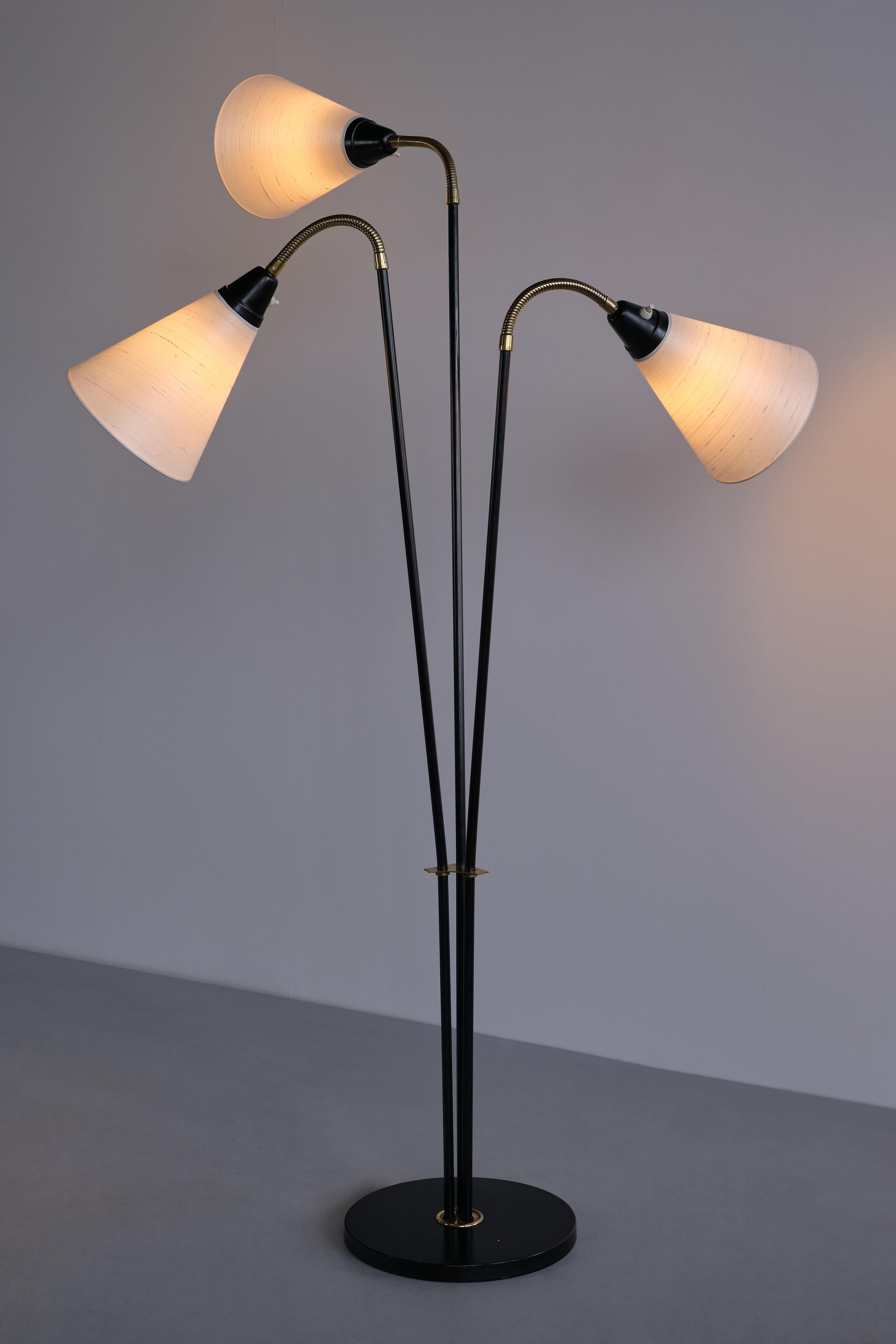 Swedish Modern Adjustable Three Arm Floor Lamp in Metal, Brass and Silk, 1950s For Sale 6