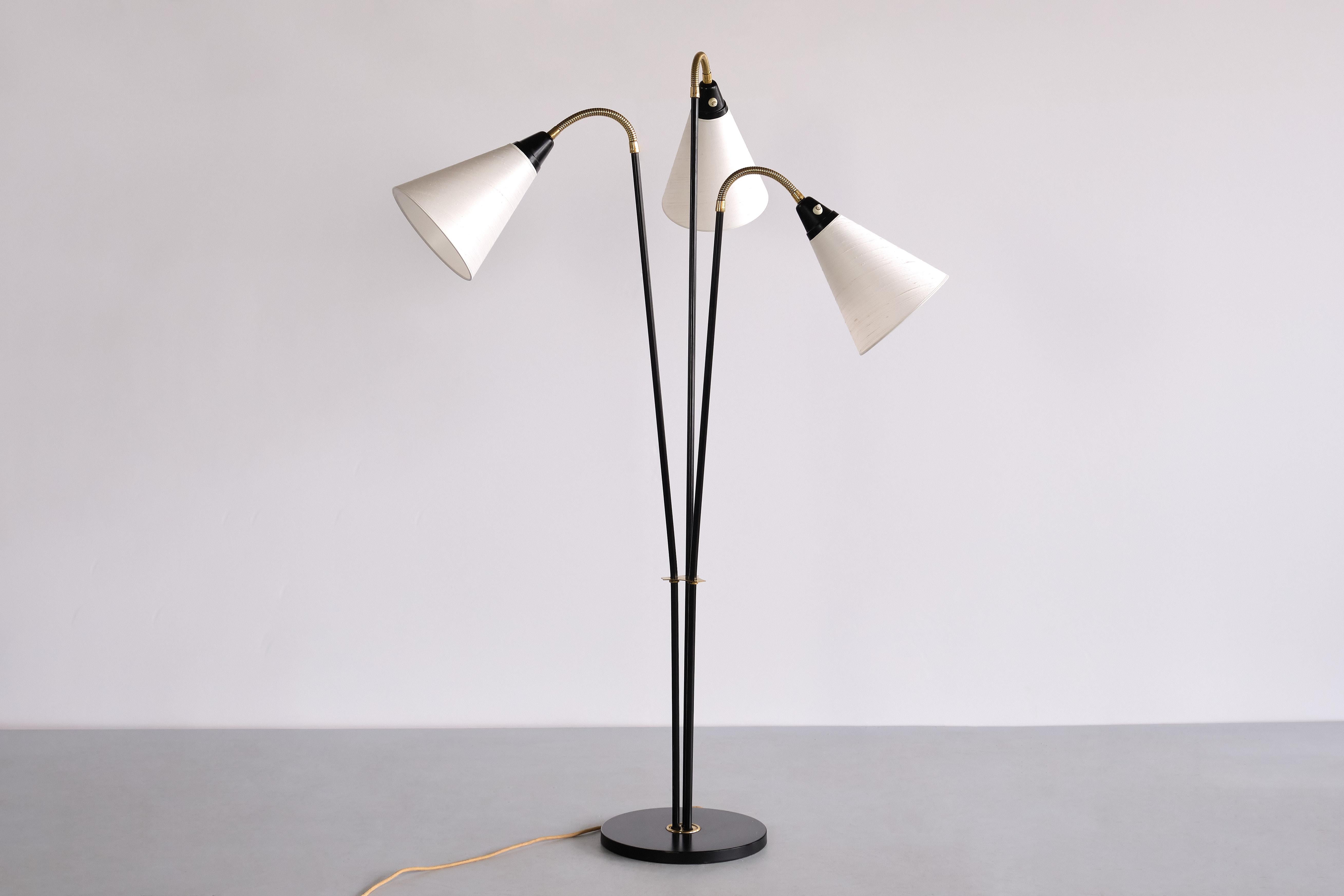Swedish Modern Adjustable Three Arm Floor Lamp in Metal, Brass and Silk, 1950s For Sale 10