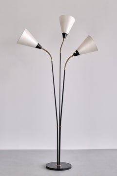 Swedish Modern Adjustable Three Arm Floor Lamp in Metal, Brass and Silk, 1950s
