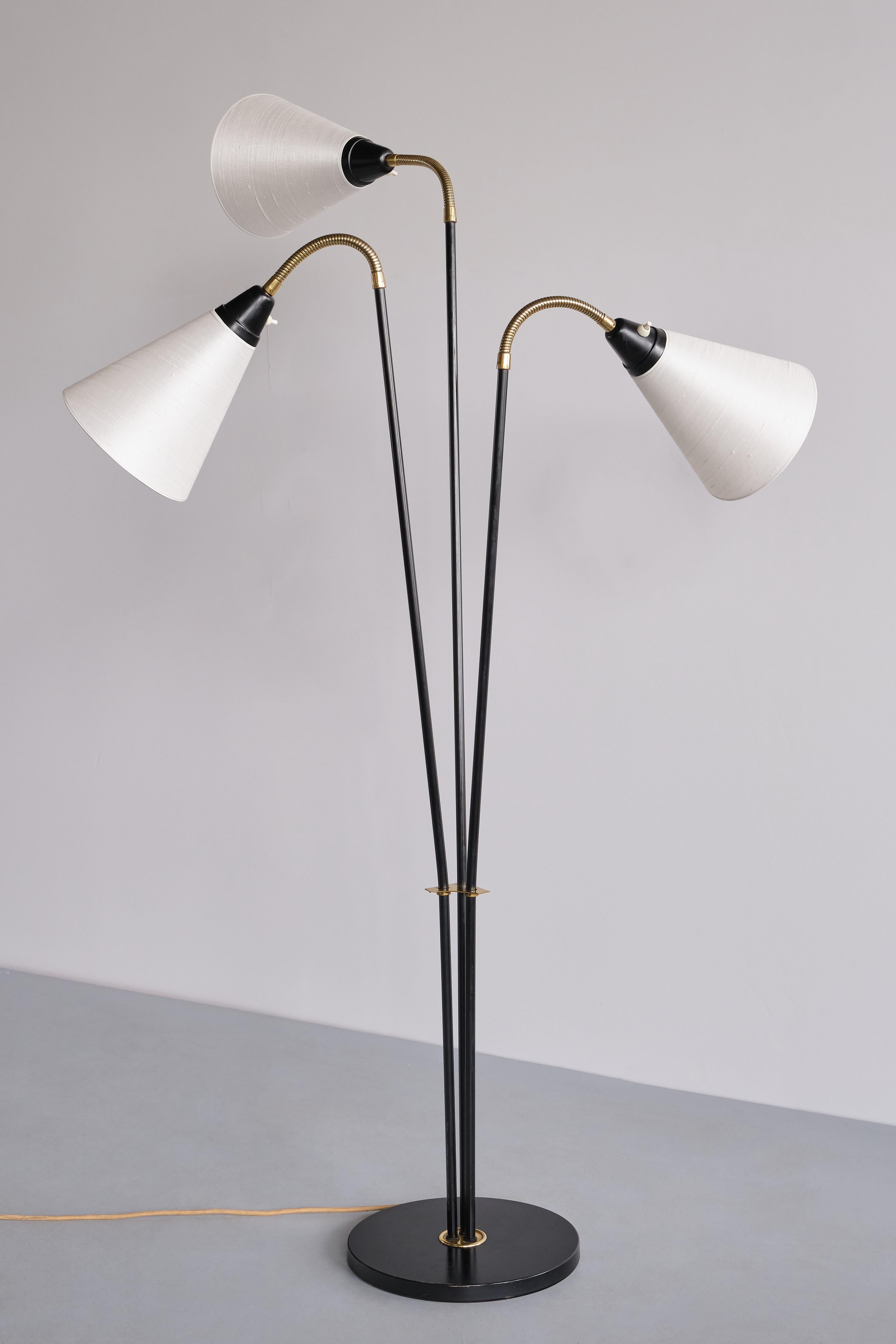 Mid-20th Century Swedish Modern Adjustable Three Arm Floor Lamp in Metal, Brass and Silk, 1950s For Sale