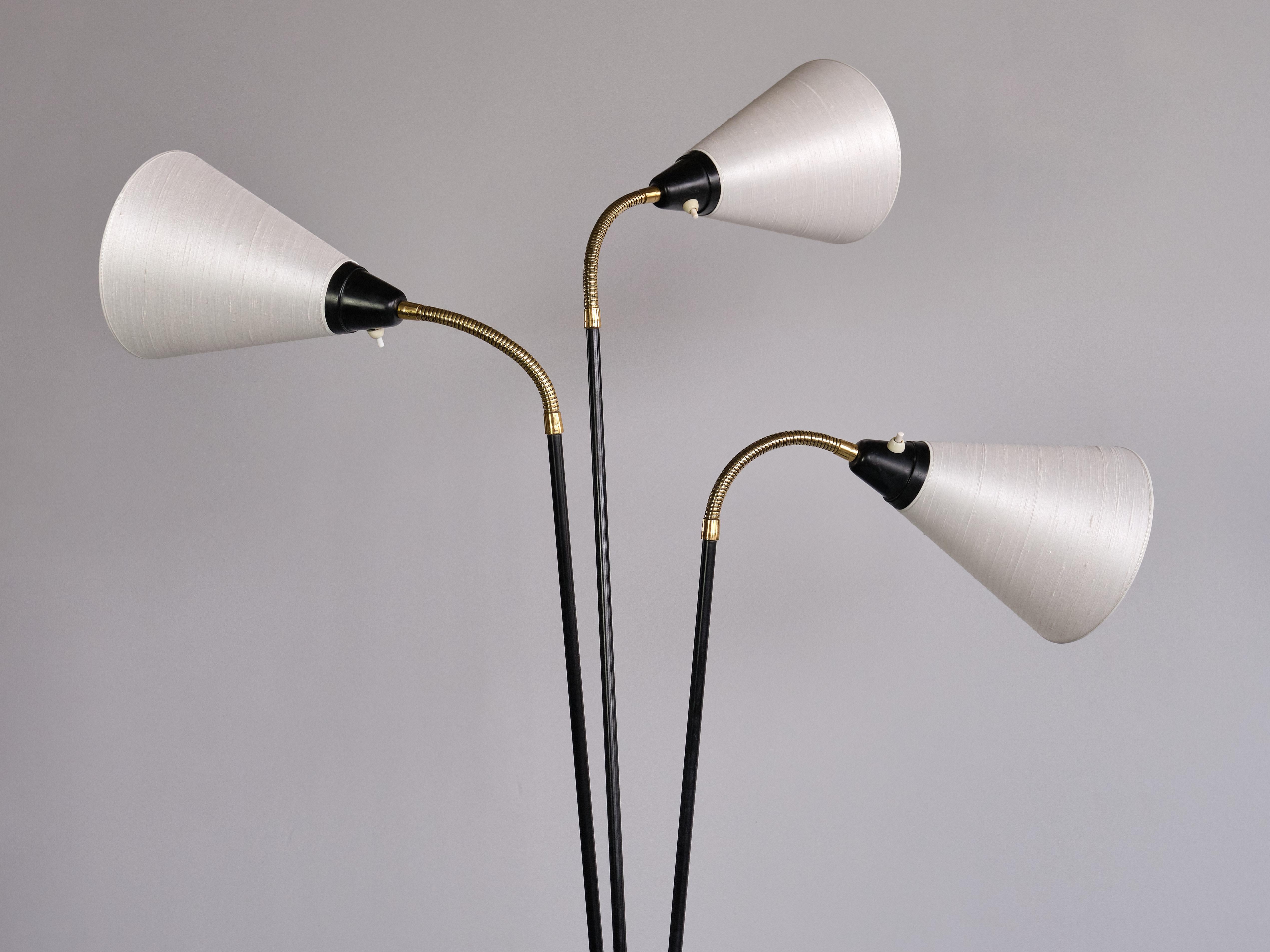 Swedish Modern Adjustable Three Arm Floor Lamp in Metal, Brass and Silk, 1950s For Sale 1