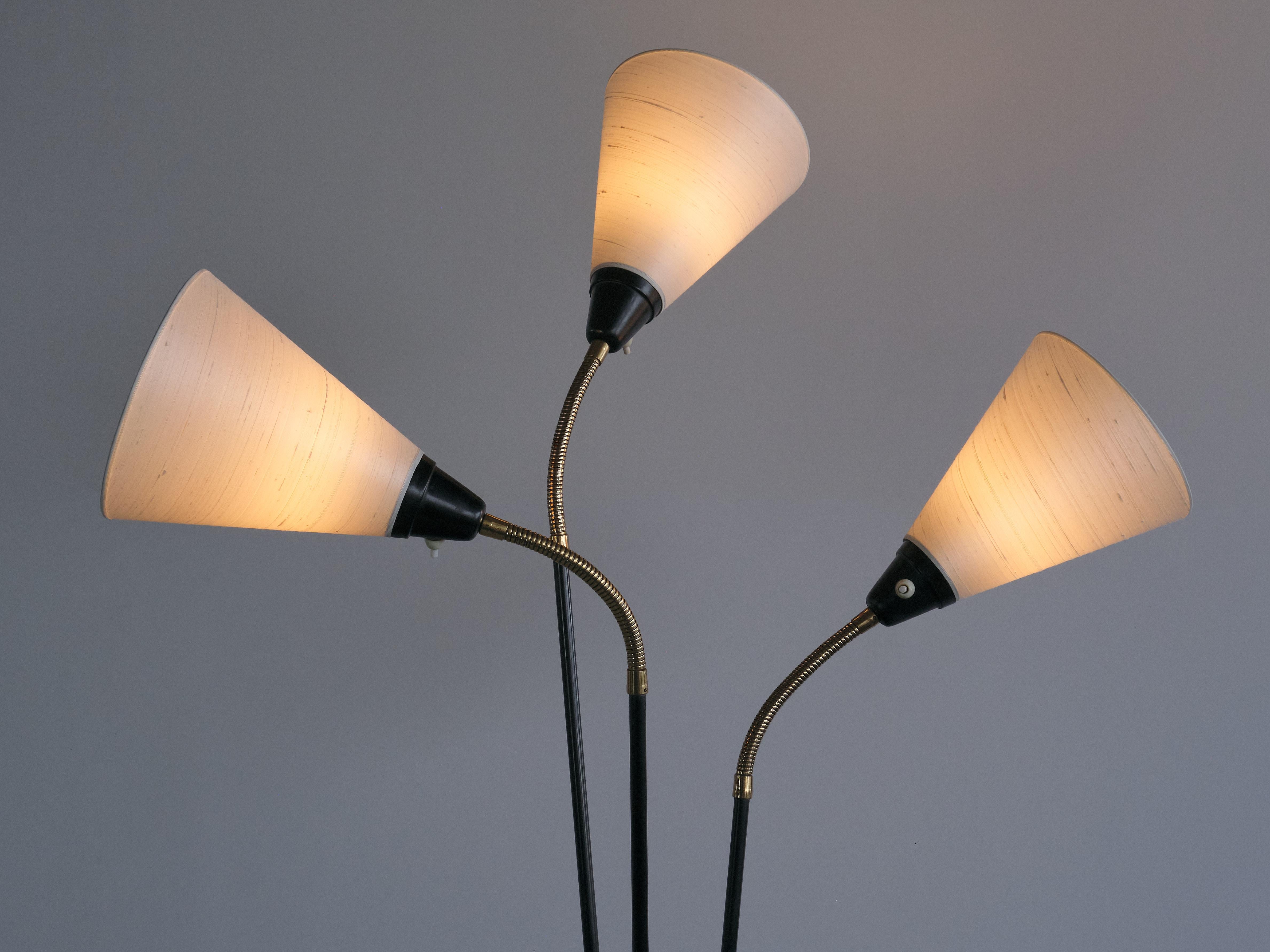 Swedish Modern Adjustable Three Arm Floor Lamp in Metal, Brass and Silk, 1950s For Sale 3