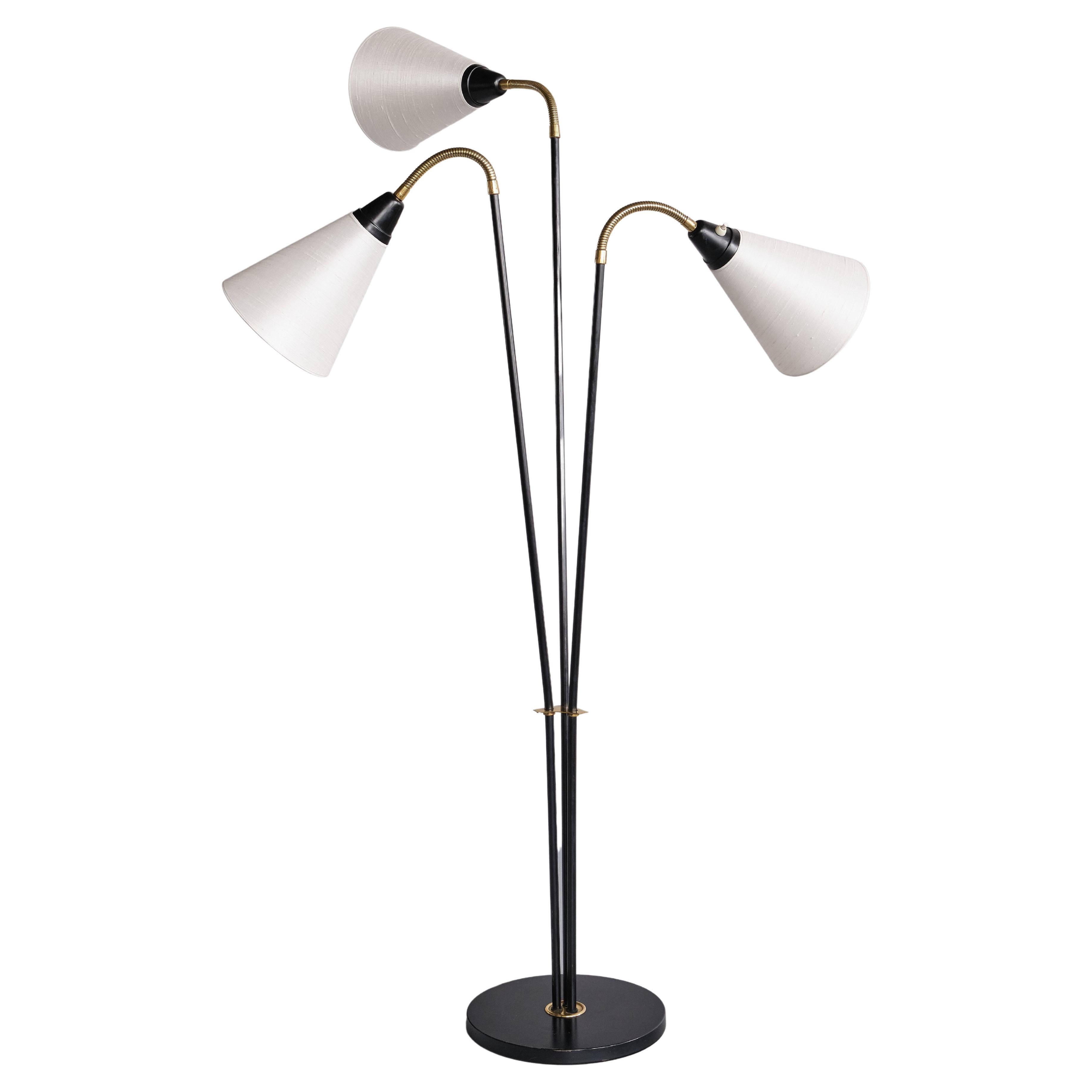 Swedish Modern Adjustable Three Arm Floor Lamp in Metal, Brass and Silk, 1950s For Sale