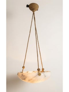 Swedish Modern Alabaster Ceiling Pendant with Rope & Brass Details, 1940s