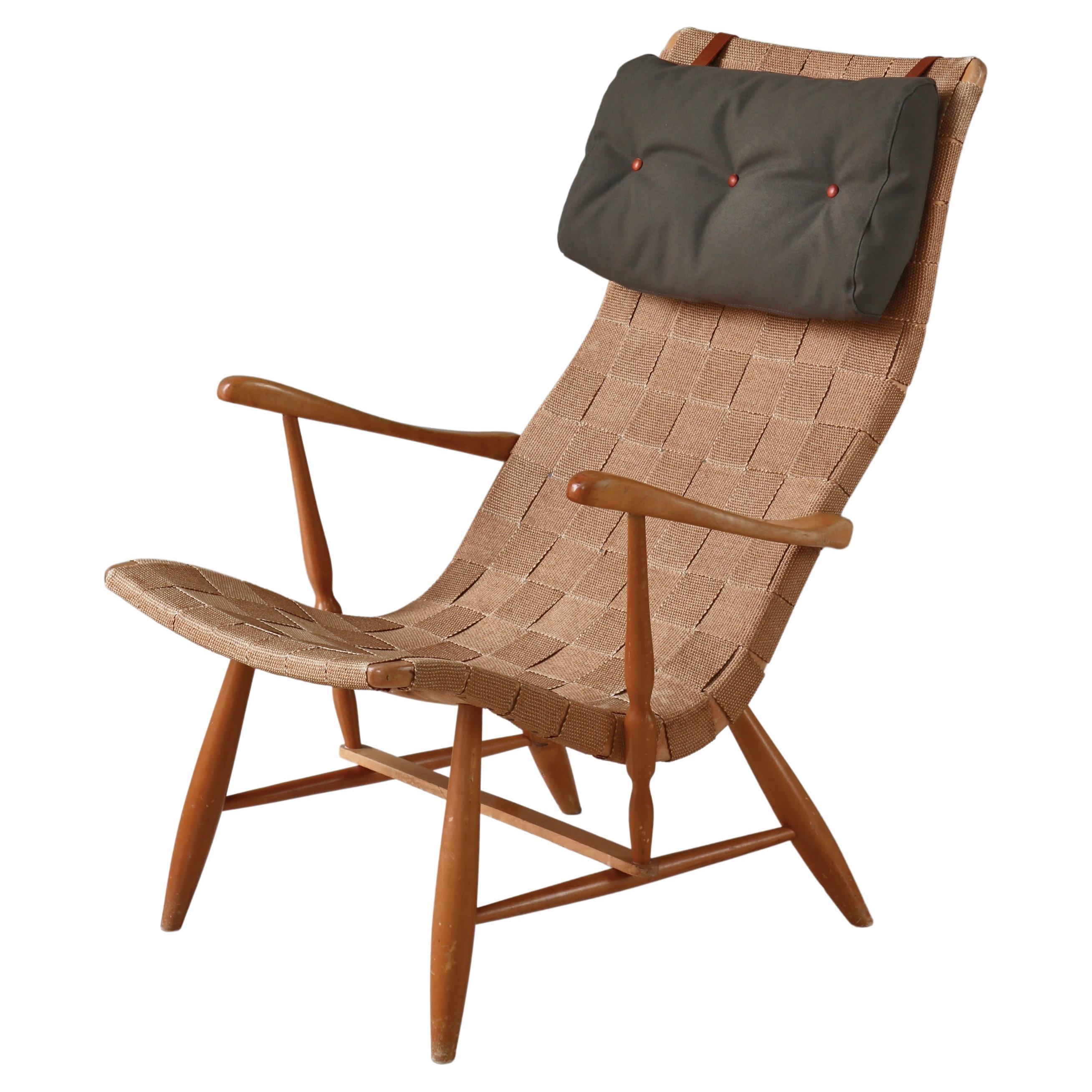 Swedish Modern "Anders" Lounge Chair, Yngve Ekström, Birch & Saddle Girth, 1945