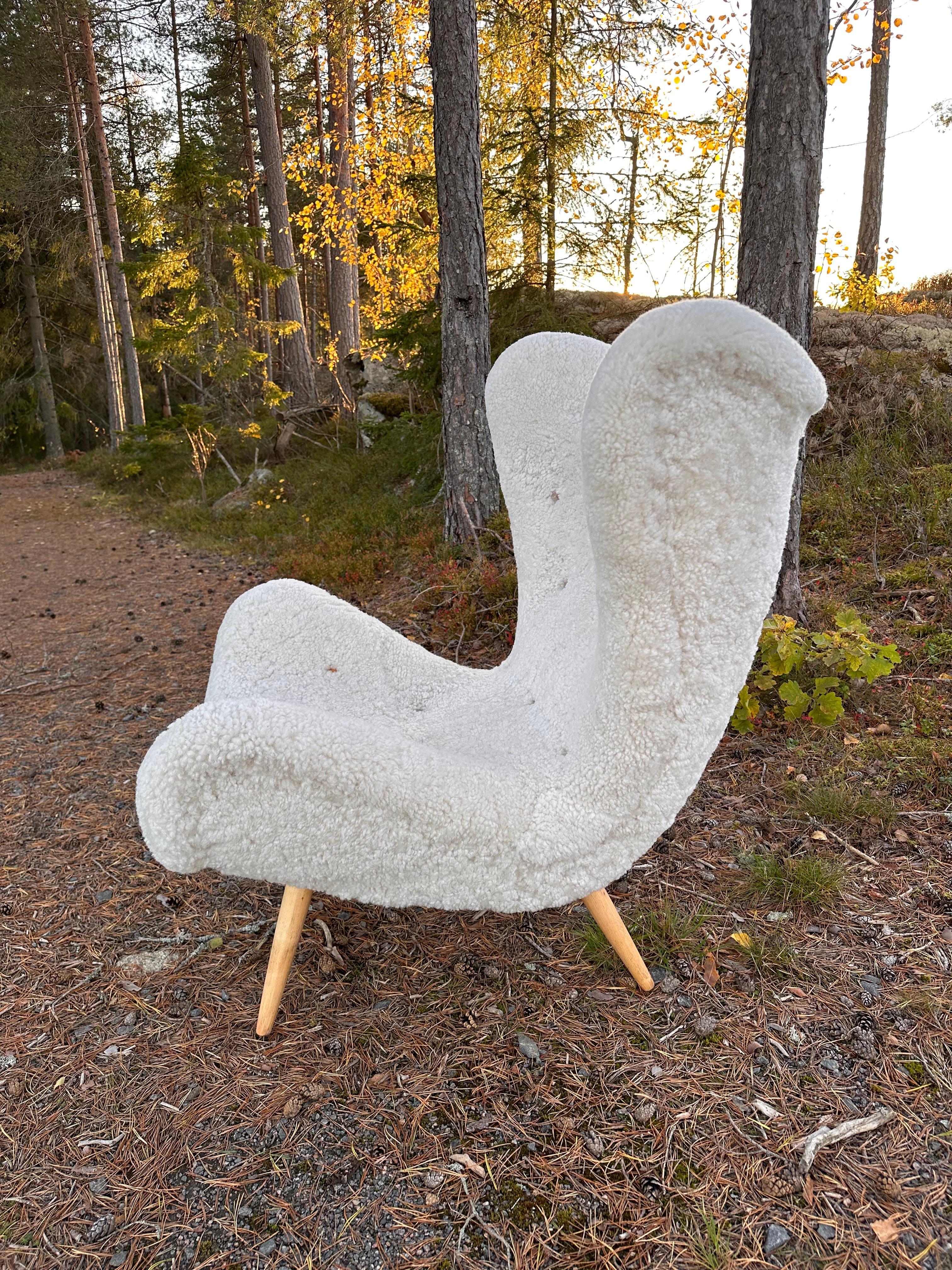 20th Century Swedish Modern armchair in sheepskin, 1940-50s