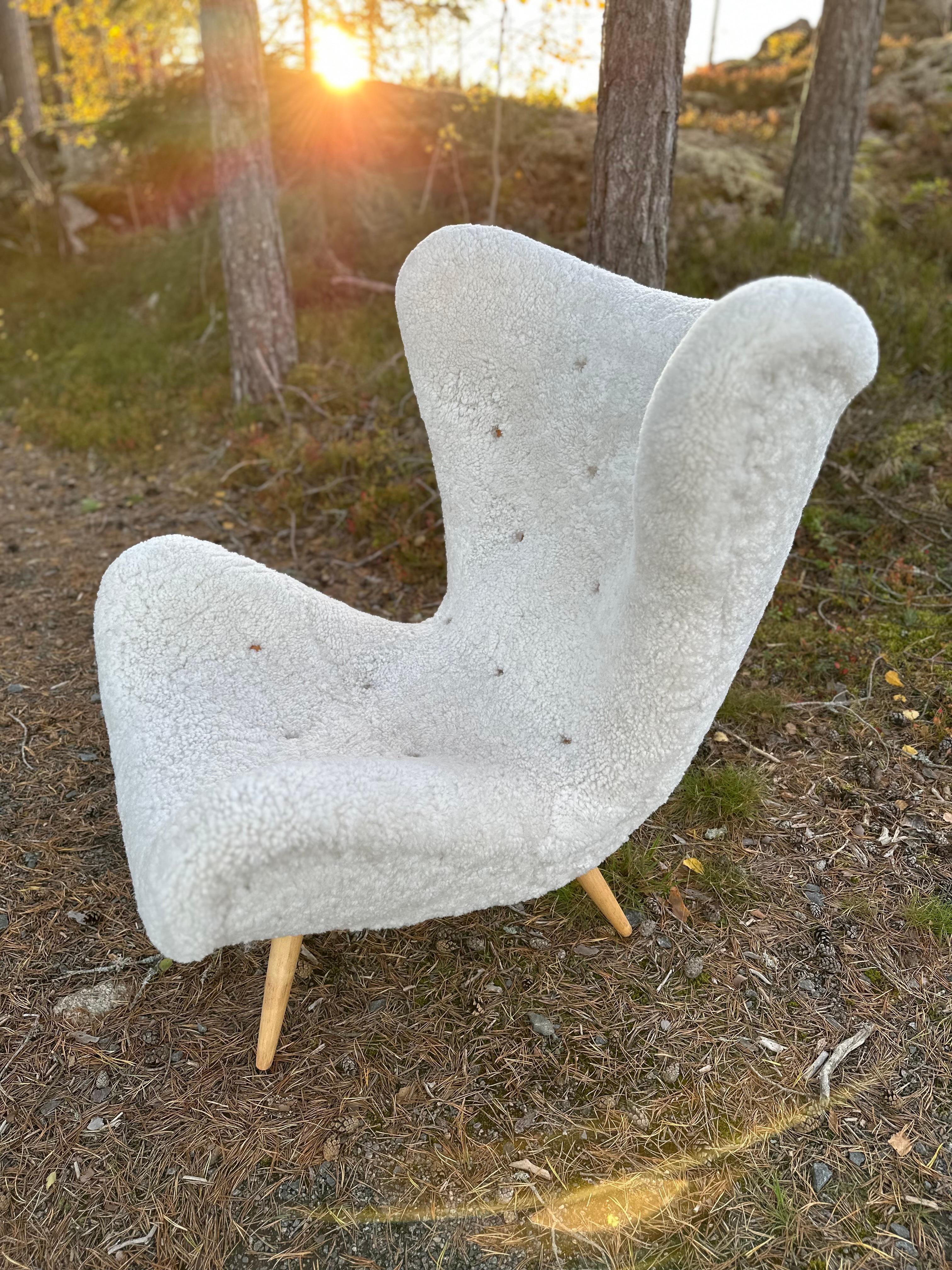 Sheepskin Swedish Modern armchair in sheepskin, 1940-50s For Sale