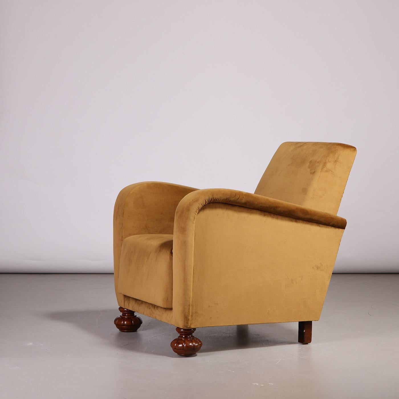 Swedish Modern armchair, created by an anonymous Swedish cabinetmaker in the 1940s. Made of wood and has recently been reupholstered in yellow fabric.

Dimensions:
H 79 cm, W 77 cm, D 80 cm, SH 42 cm
H 31.1 in, W 30.31 in, D 31.49 in, SH 16.53