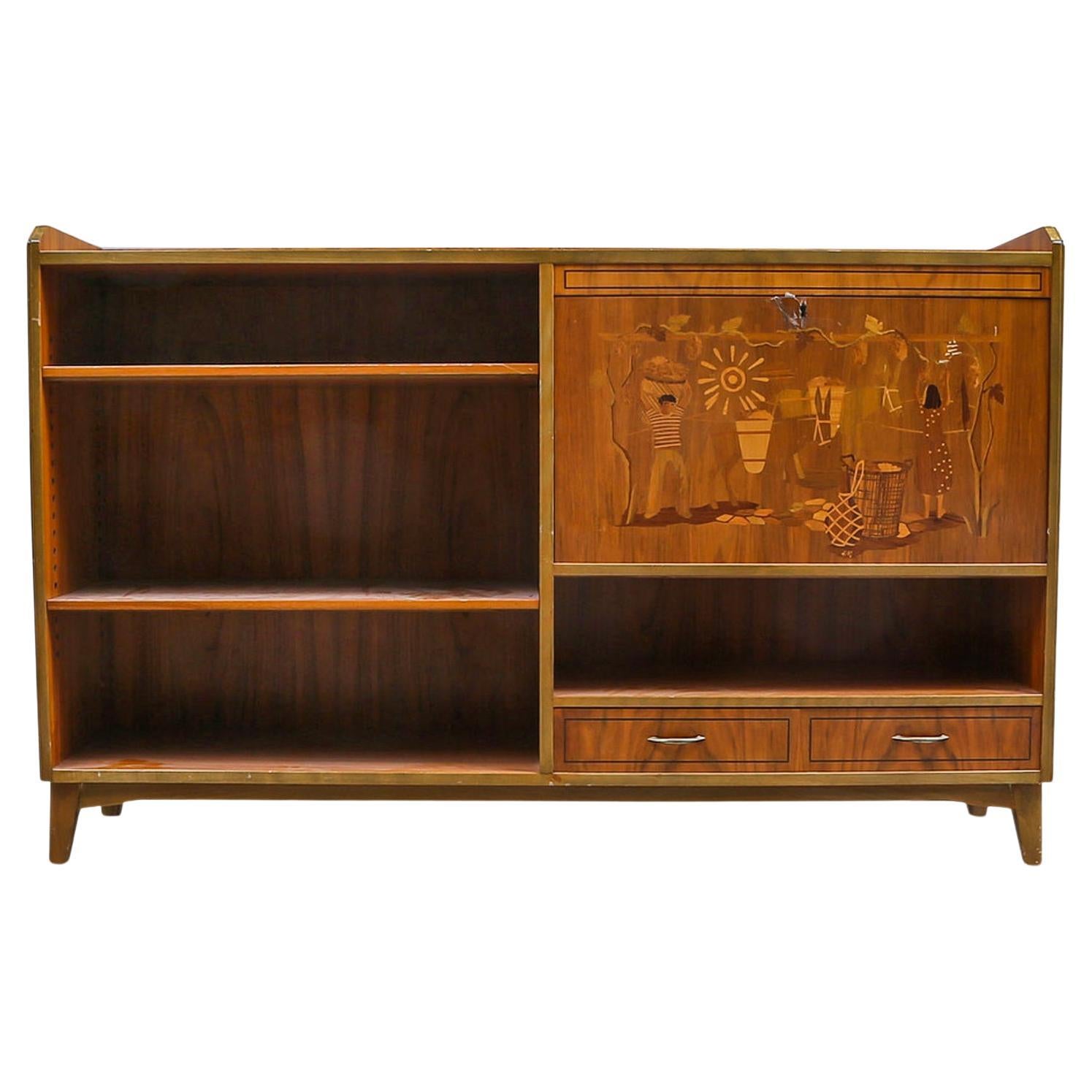 Swedish Modern Bar Cabinet / Bookcase With Detailed Inlays For Sale