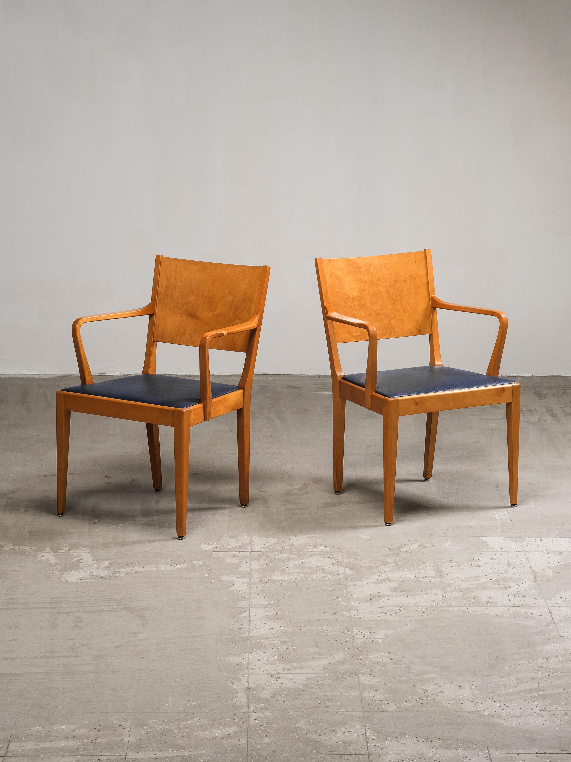 Swedish Modern Birch Armchairs with Blue Faux Leather Upholstery, 1940s (Schwedisch) im Angebot