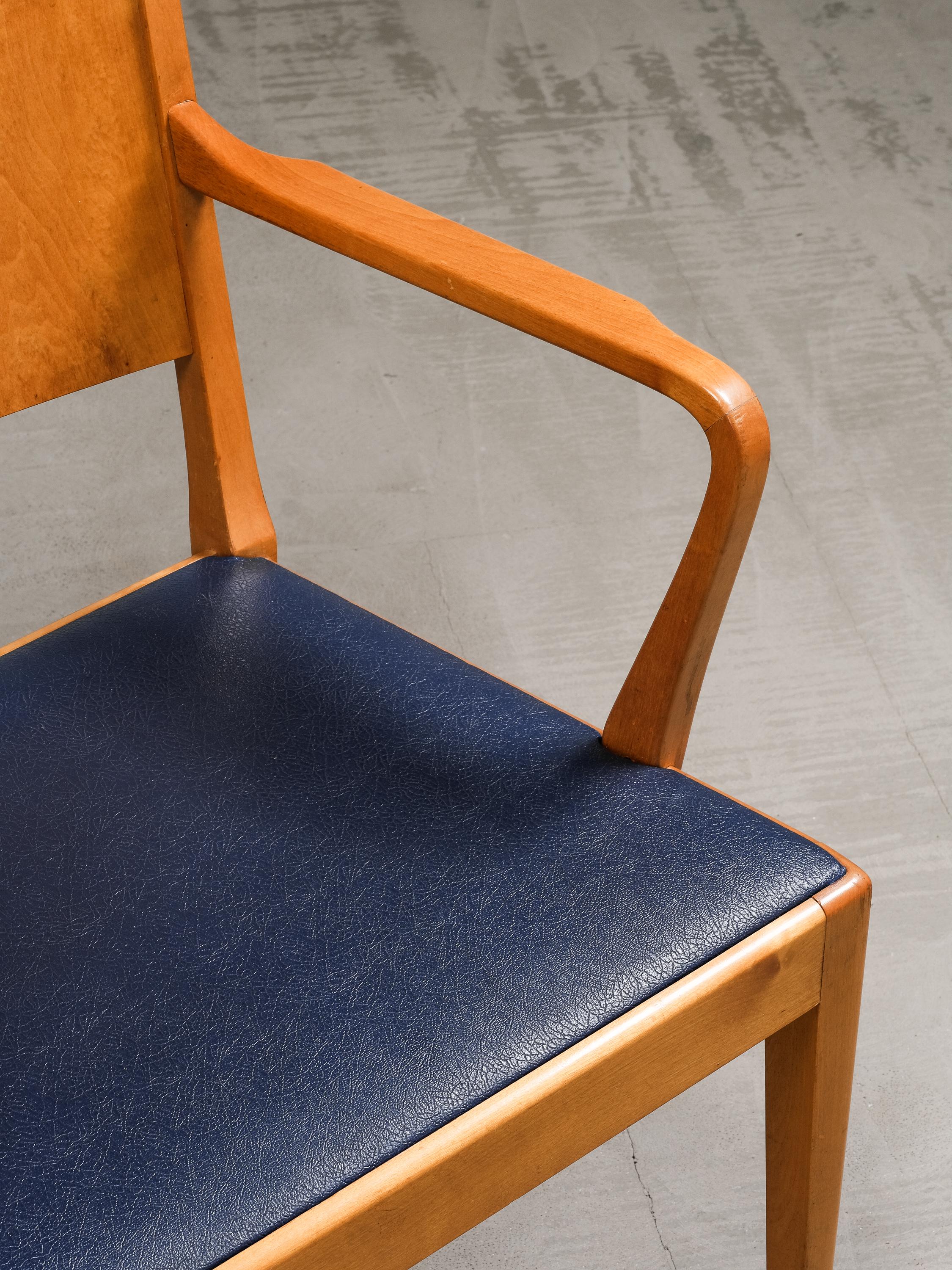 Swedish Modern Birch Armchairs with Blue Faux Leather Upholstery, 1940s im Angebot 2