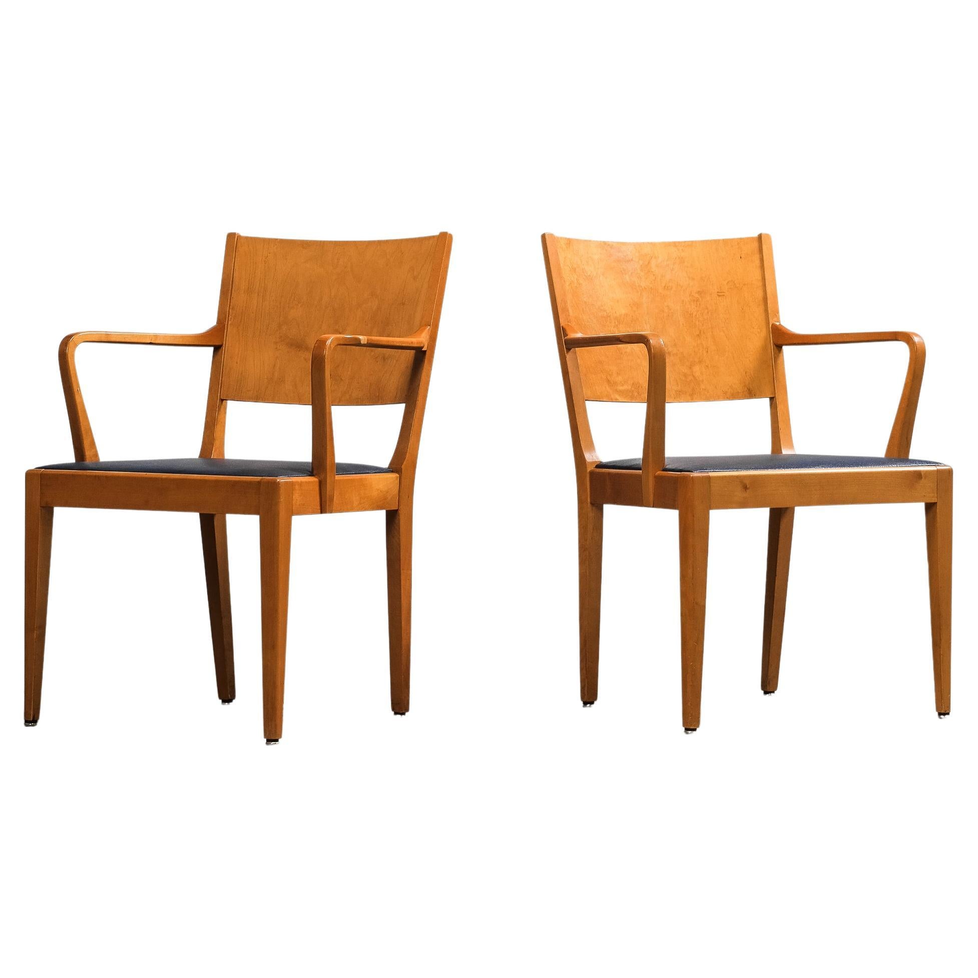 Swedish Modern Birch Armchairs with Blue Faux Leather Upholstery, 1940s im Angebot