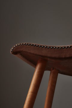 Swedish Modern Birchwood Stool Curved Seat Pearl Studded Brown Velvet, 1940s