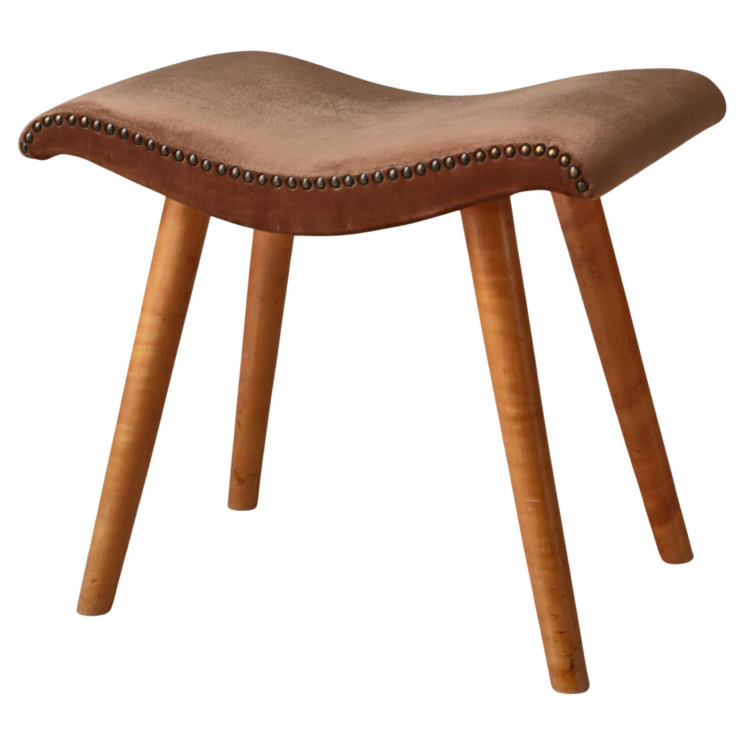 Swedish Modern Birchwood Stool Curved Seat Pearl Studded Brown Velvet, 1940s en vente