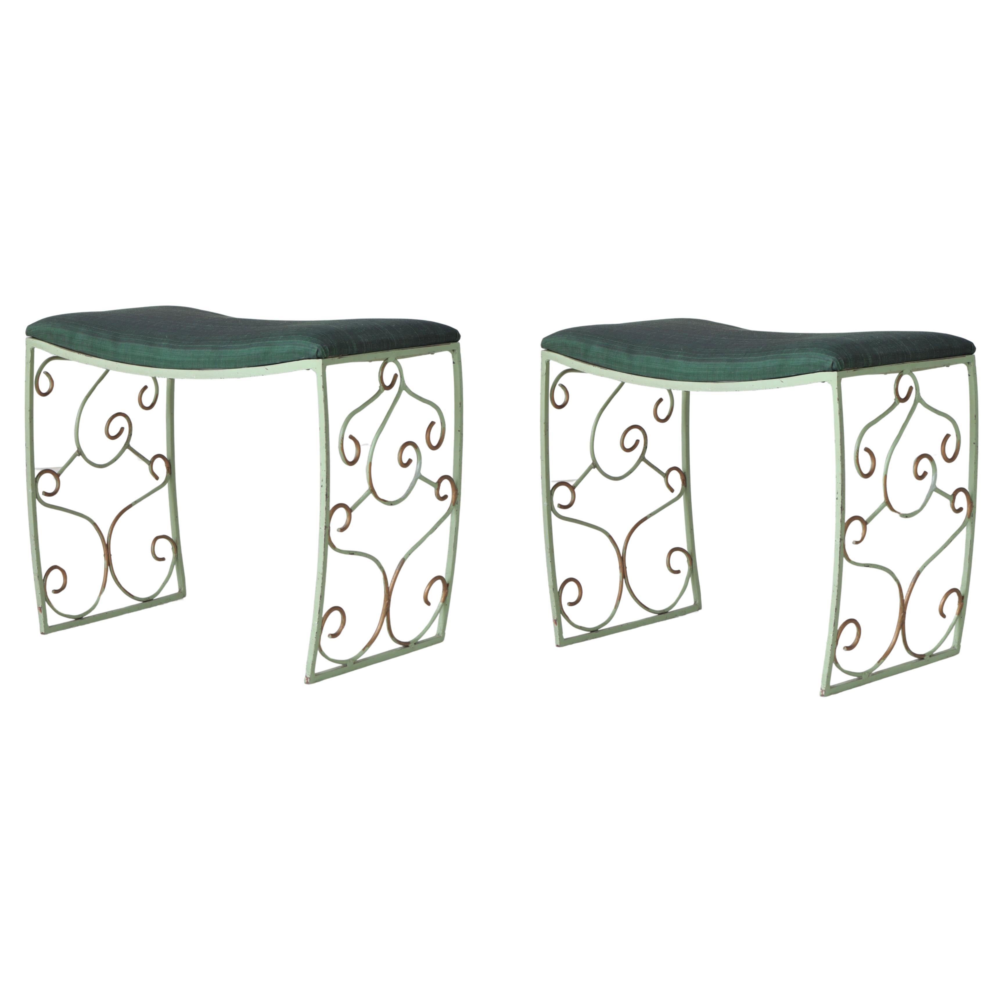 Swedish Modern "Bjerkås" Stools Iron & Green Horsehair by Tor Wolfenstein, 1930s For Sale