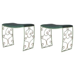 Swedish Modern "Bjerkås" Stools Iron & Green Horsehair by Tor Wolfenstein, 1930s
