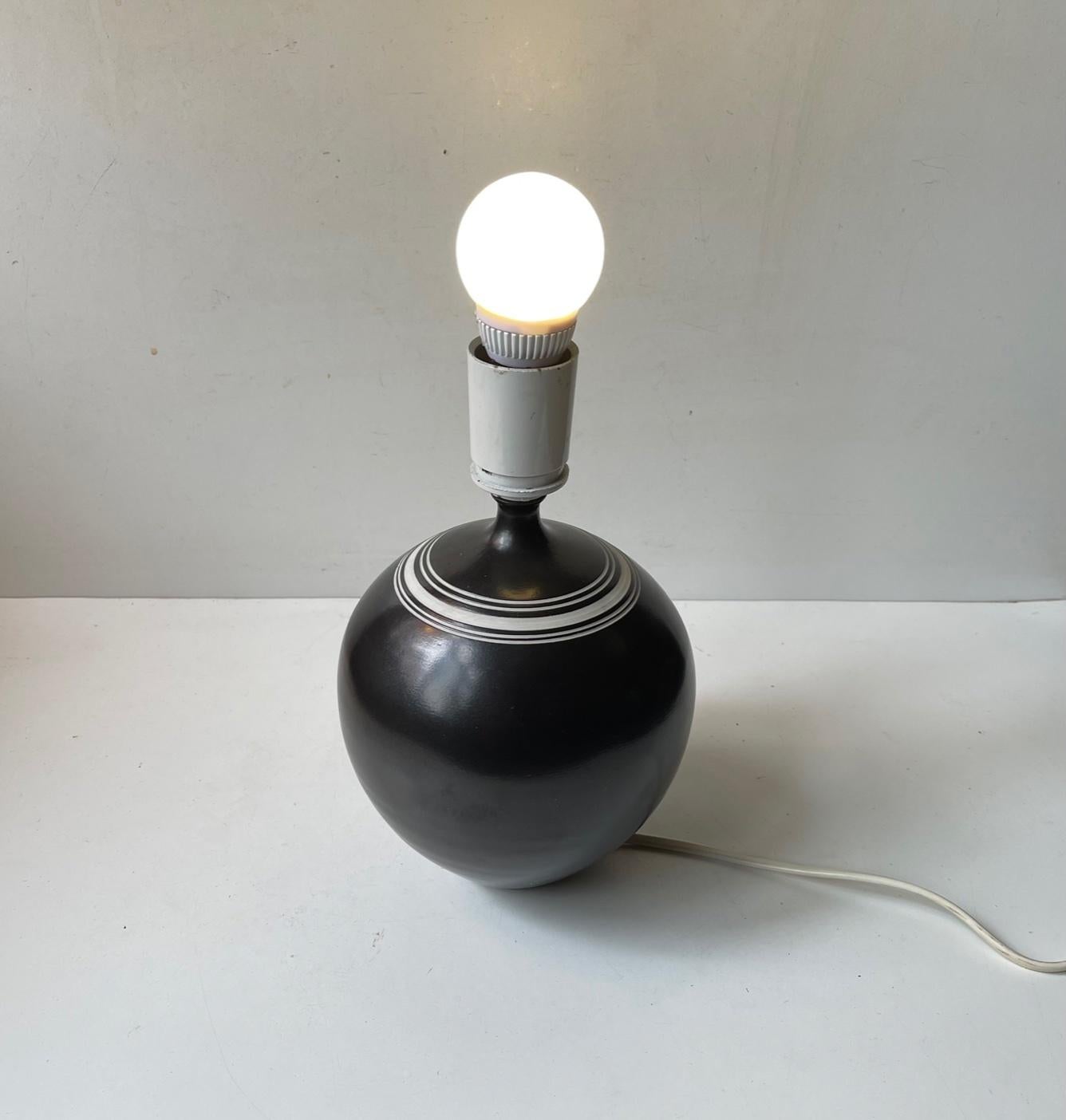 Swedish Modern Black Ceramic Table Lamp with White Stripes For Sale 2