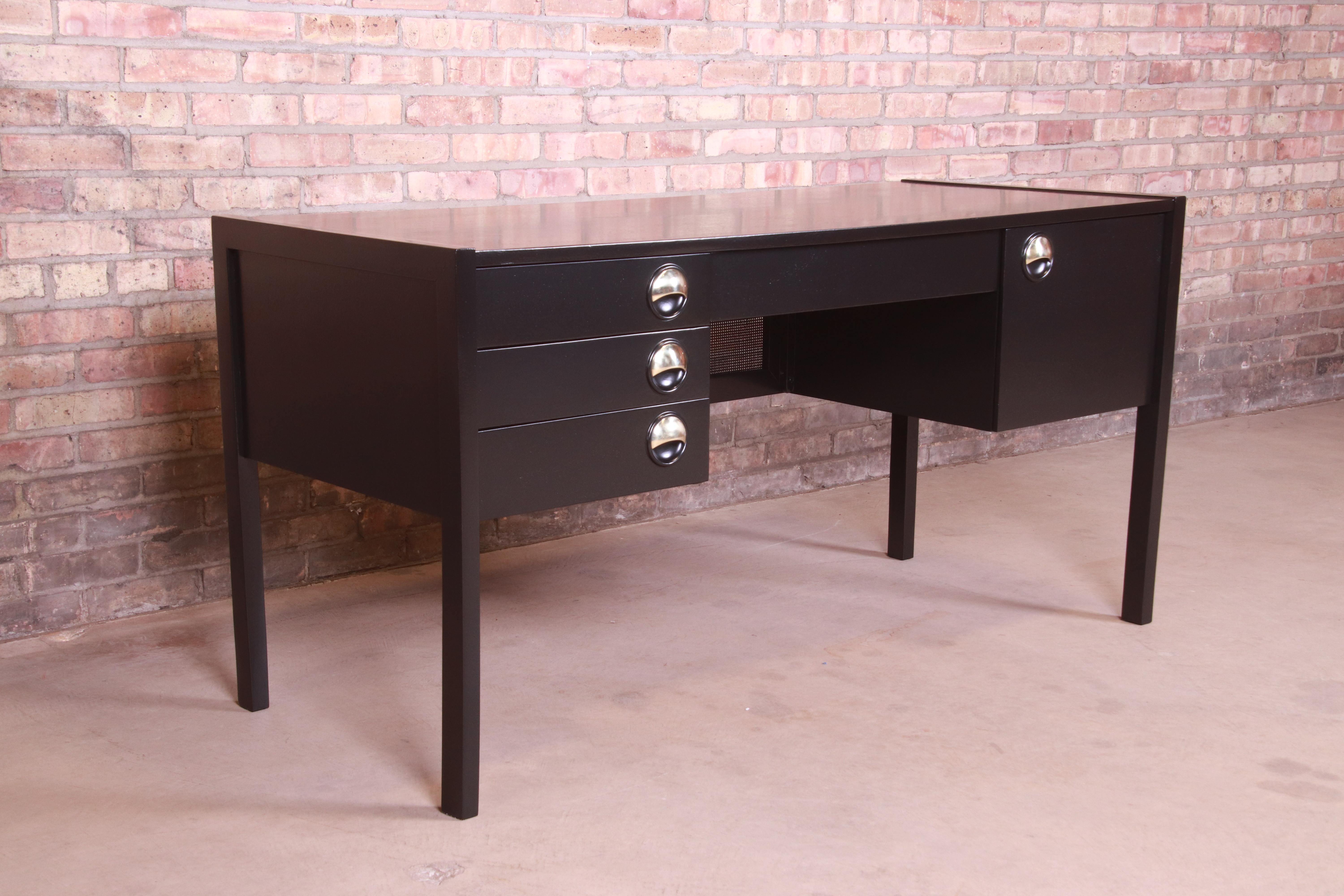 Brass Swedish Modern Black Lacquered Desk, Newly Refinished