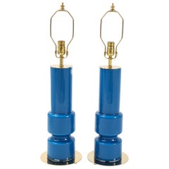 Swedish Modern Blue Glass Totem Lamps