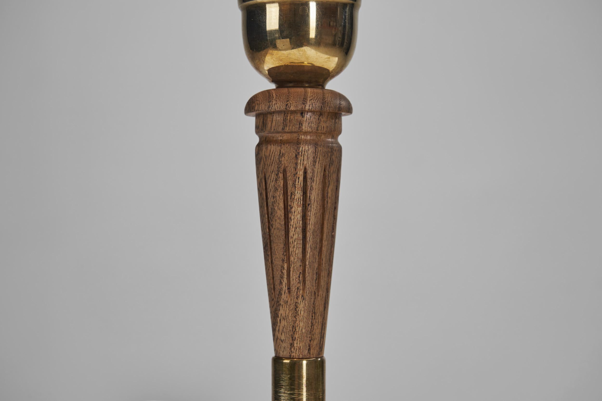 Swedish Modern Brass and Carved Wood Table Lamp, Sweden 1950s For Sale 11