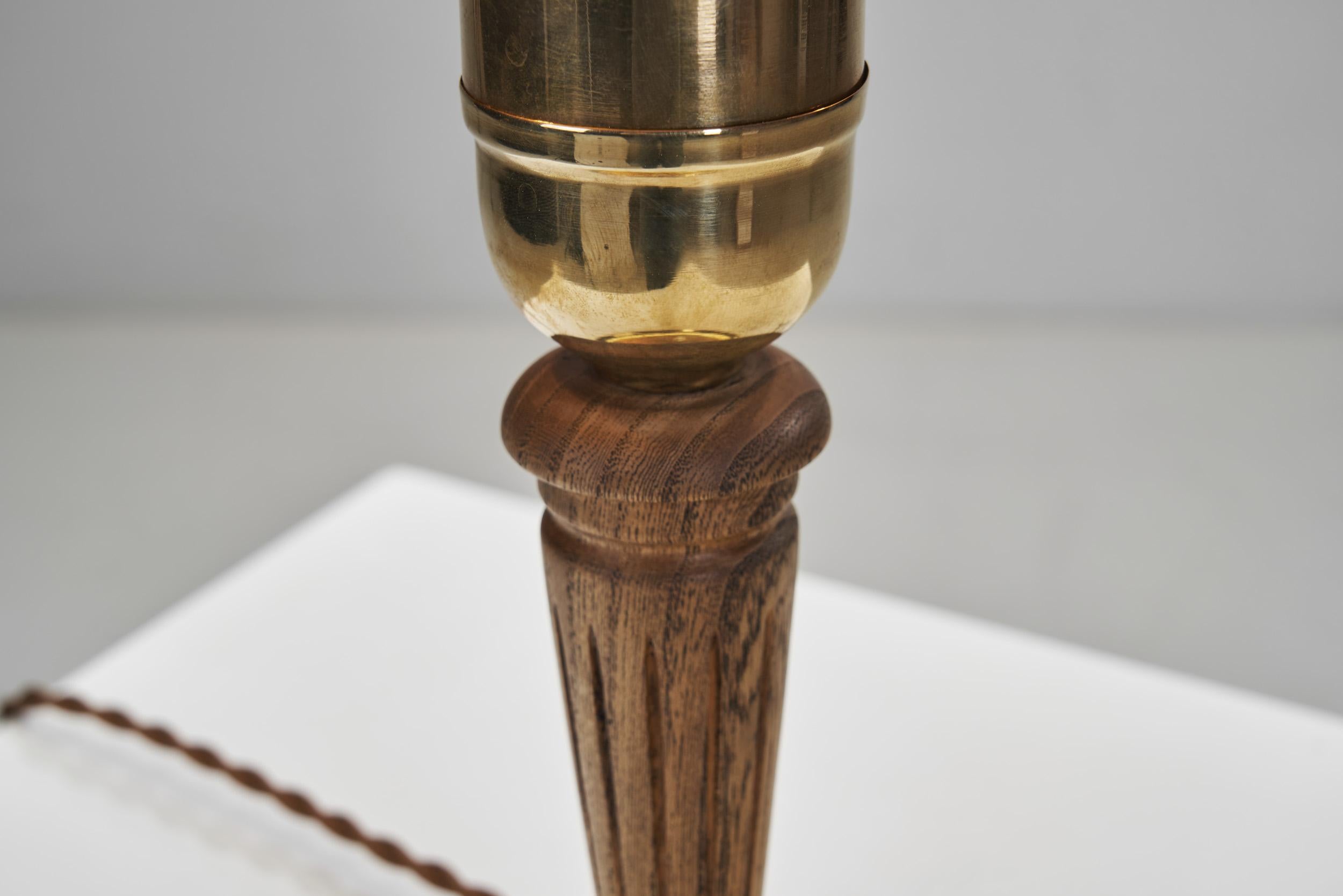 Swedish Modern Brass and Carved Wood Table Lamp, Sweden 1950s For Sale 12