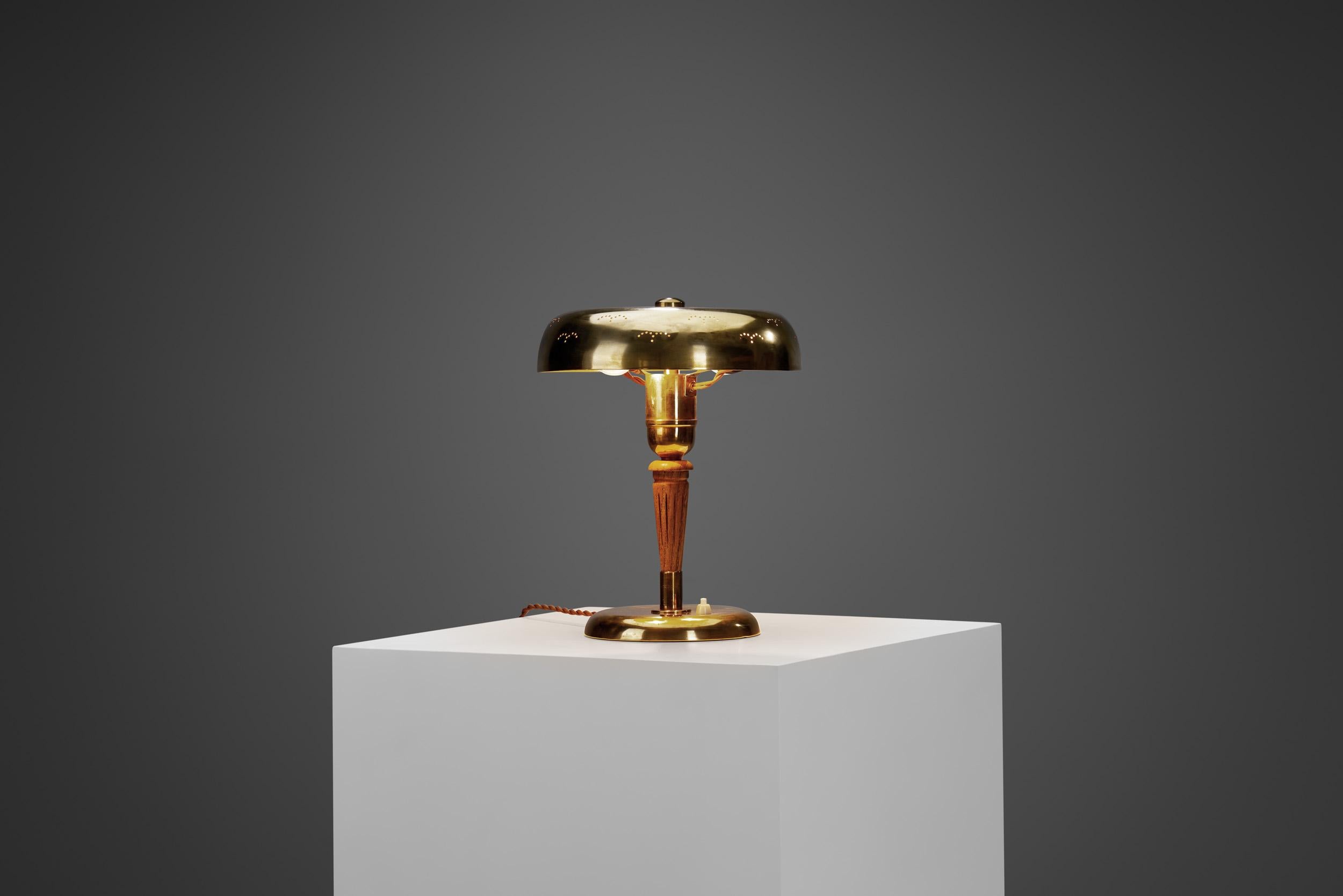 Swedish Modern Brass and Carved Wood Table Lamp, Sweden 1950s For Sale 1