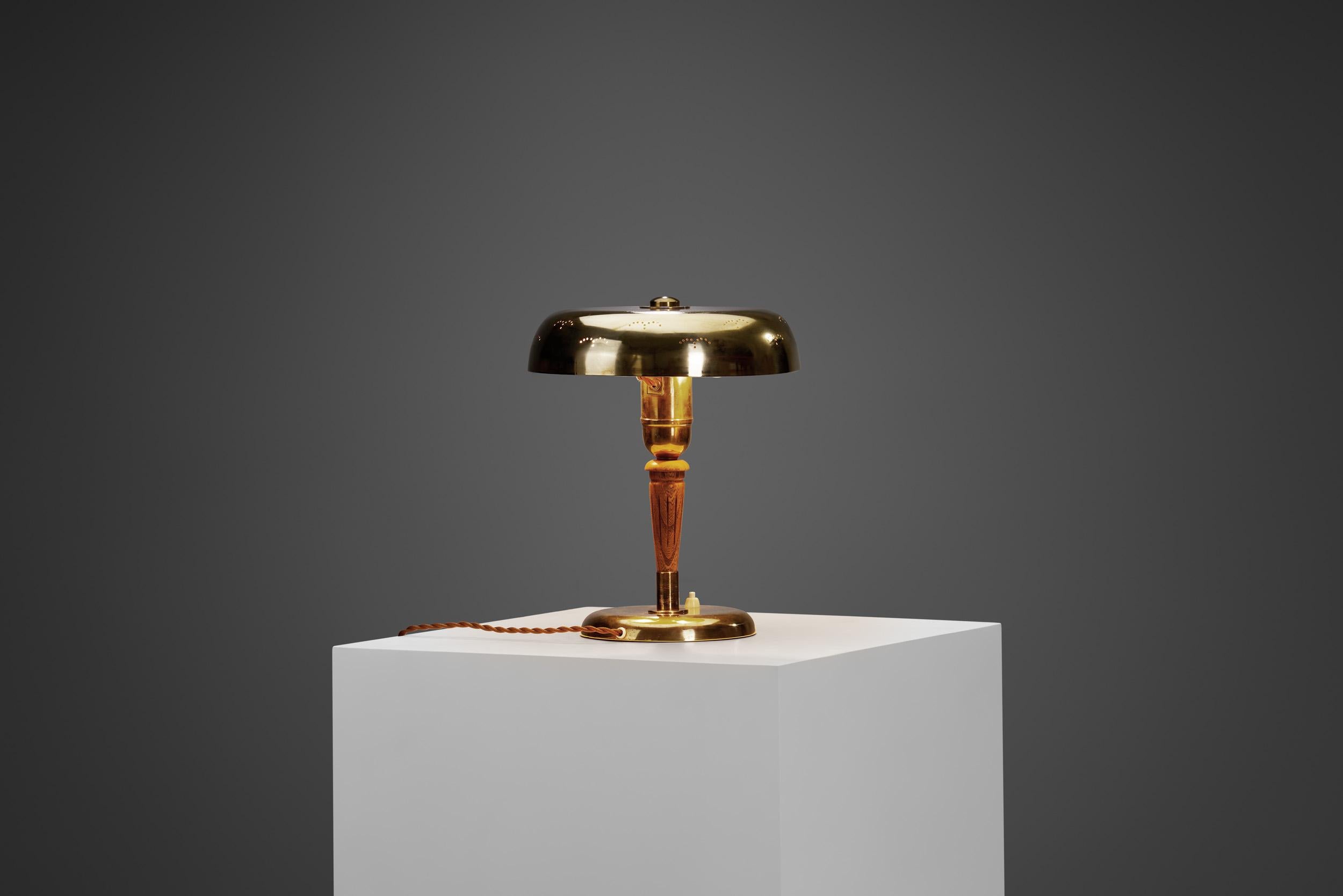 Swedish Modern Brass and Carved Wood Table Lamp, Sweden 1950s For Sale 3