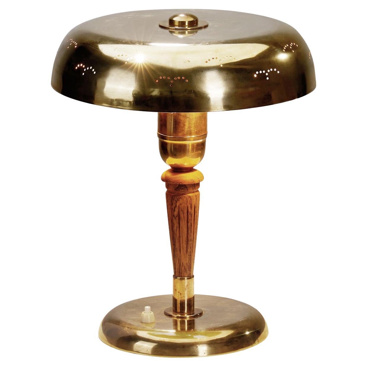 Swedish Modern Brass and Carved Wood Table Lamp, Sweden 1950s For Sale