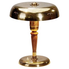 Vintage Swedish Modern Brass and Carved Wood Table Lamp, Sweden 1950s