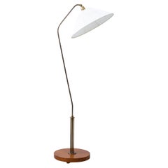 Swedish modern brass and elm floor lamp with large shade, 1930-40s, Sweden