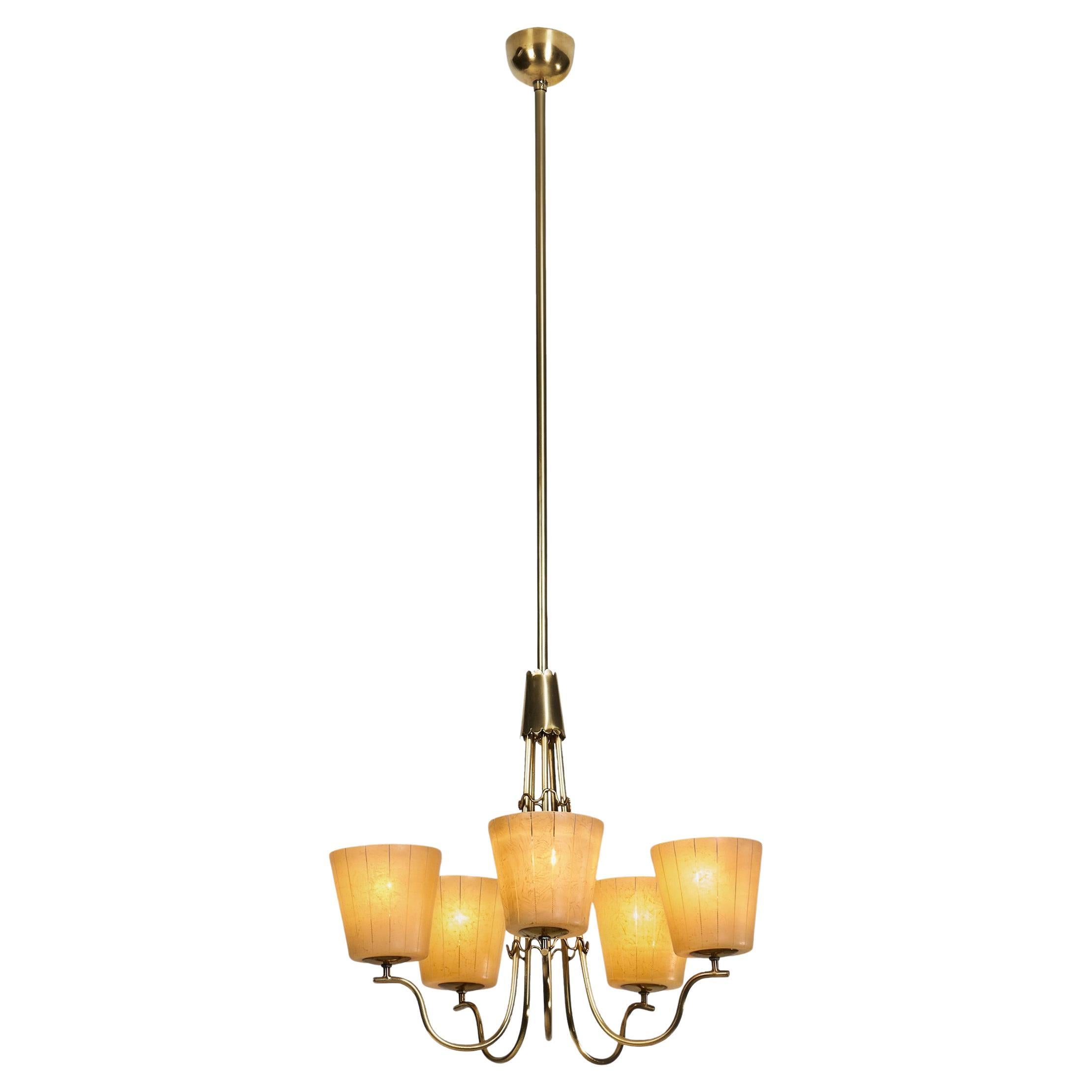 Swedish Modern Brass and Glass Chandelier, Sweden 1940s