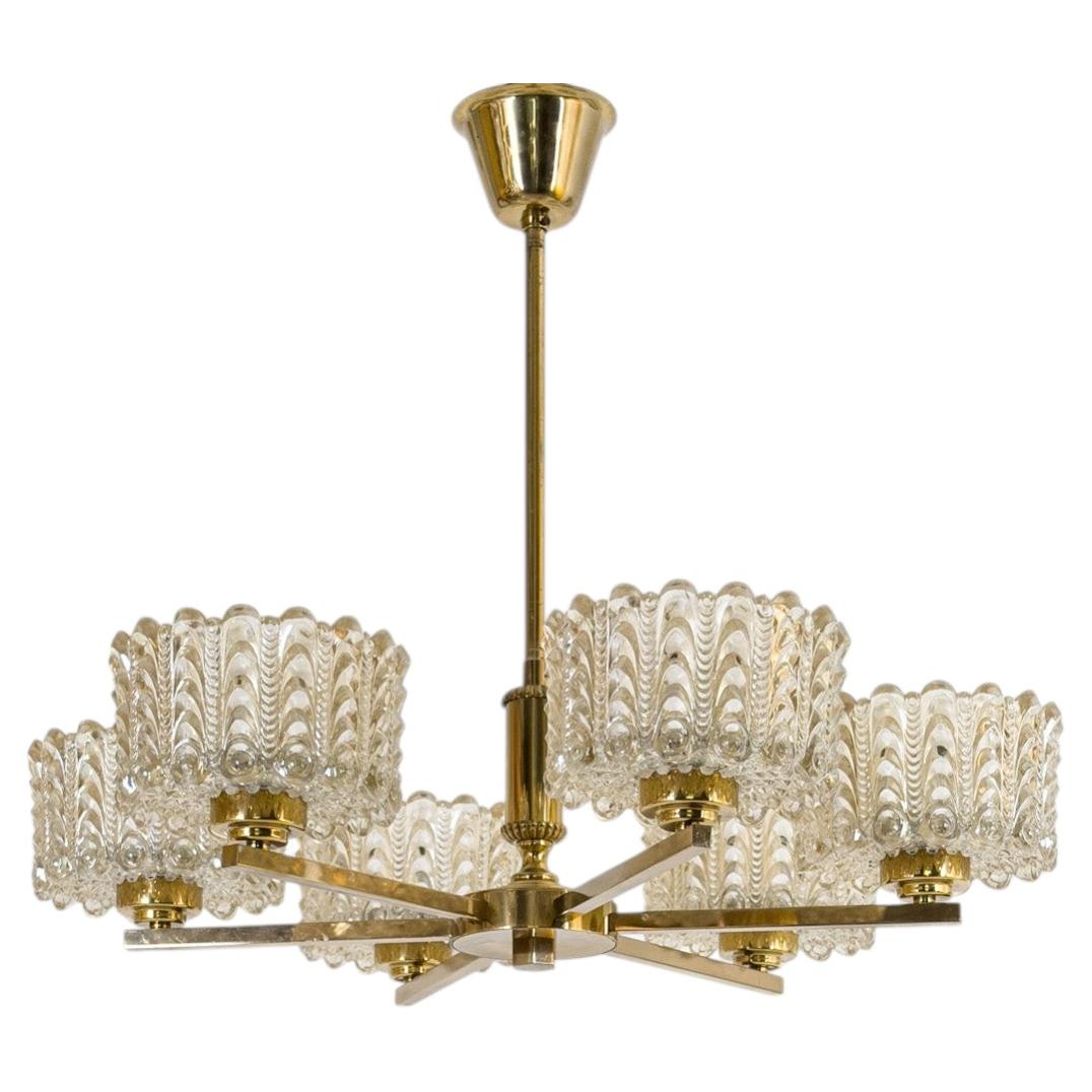 Swedish Modern Brass and Glass Six-Light Chandelier, Sweden, 1960s