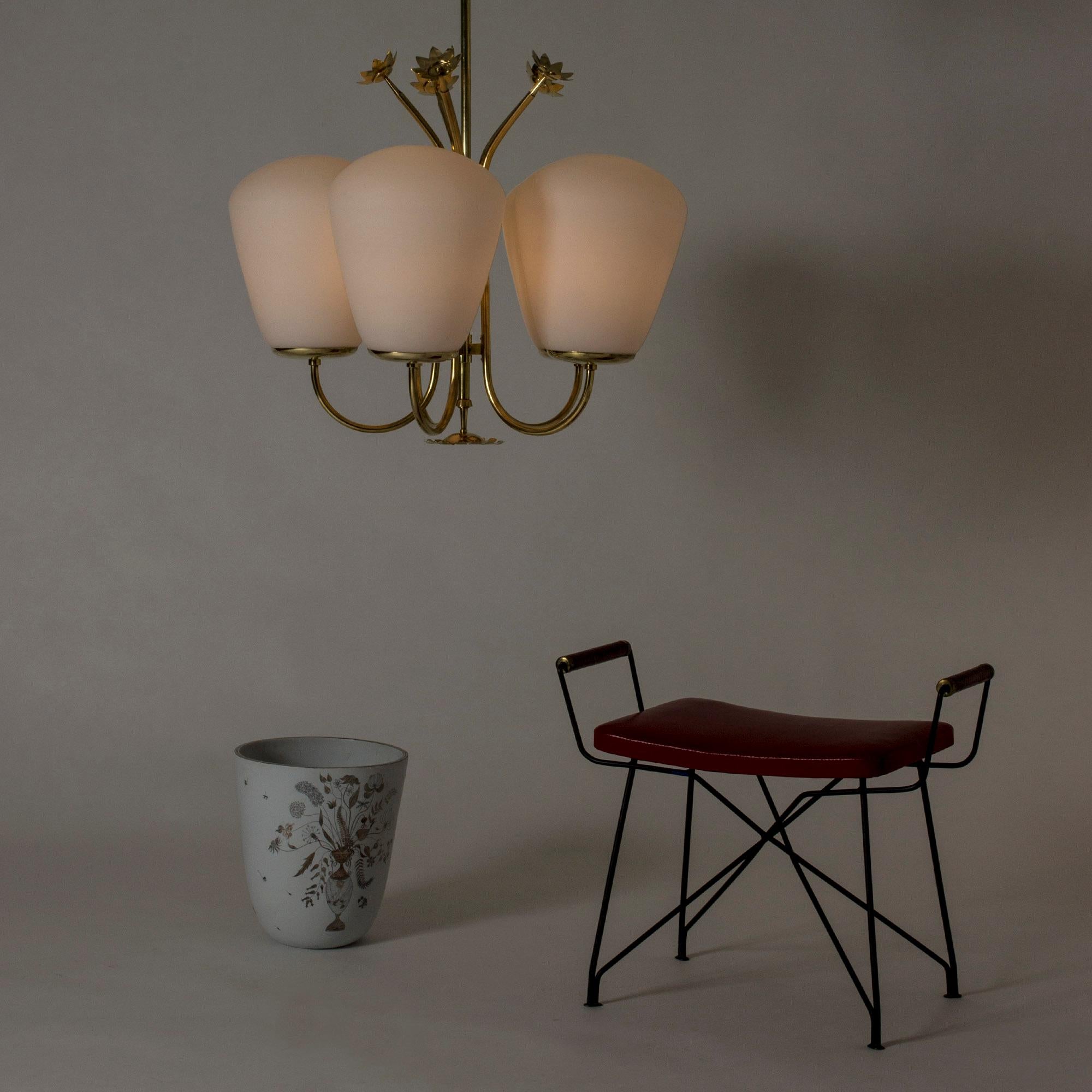 Swedish Modern Brass and Opaline Glass Chandelier, 1940s 7