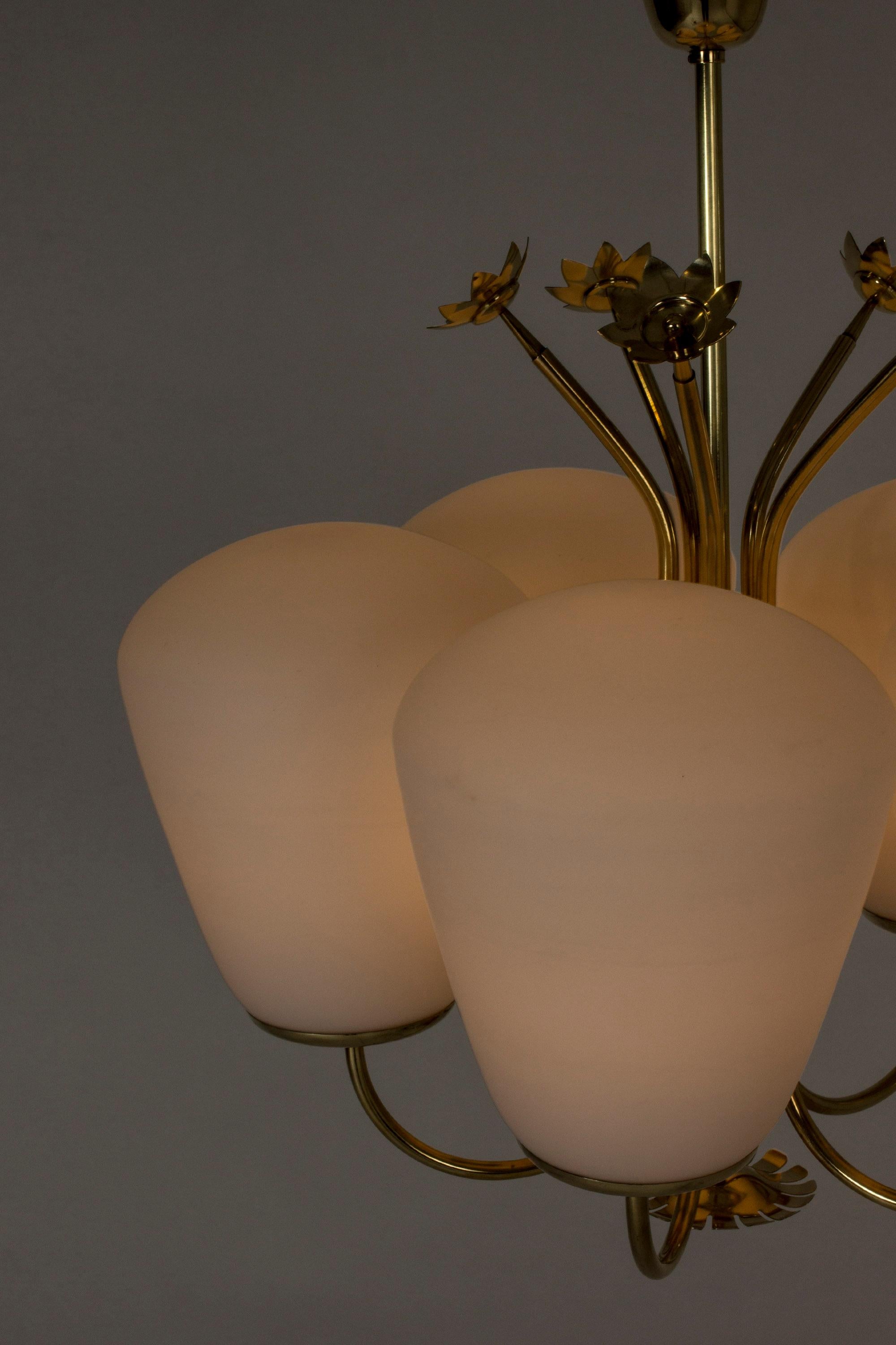 Swedish Modern Brass and Opaline Glass Chandelier, 1940s In Good Condition In Stockholm, SE