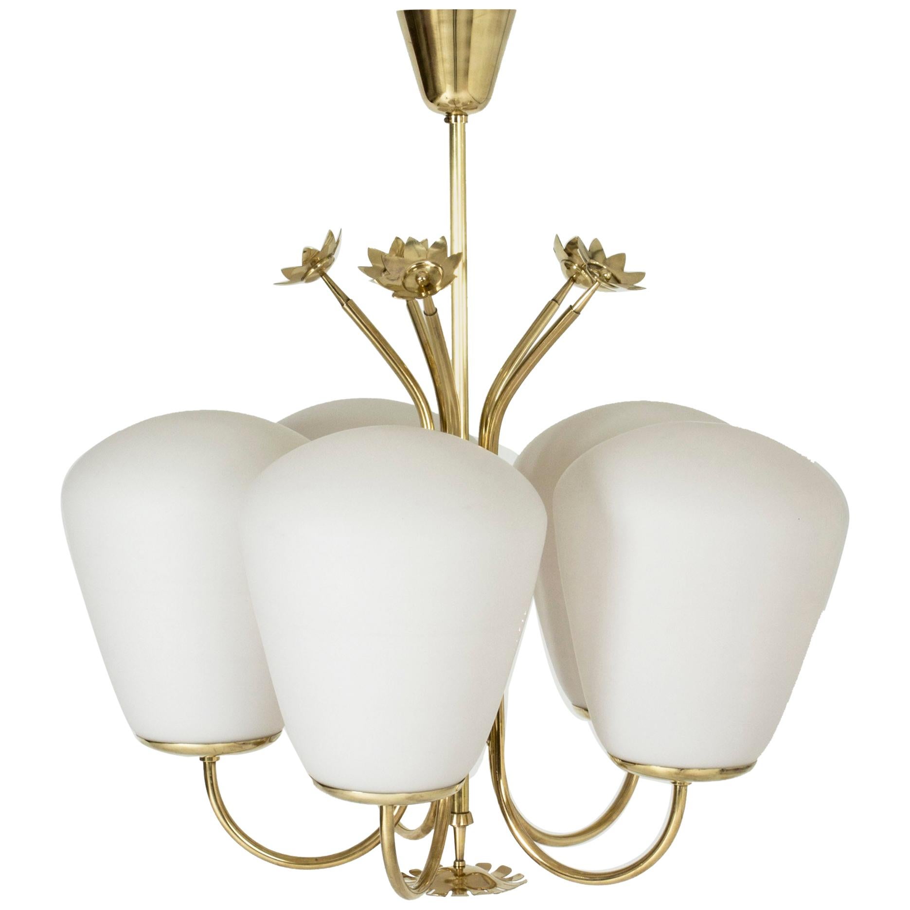 Swedish Modern Brass and Opaline Glass Chandelier, 1940s