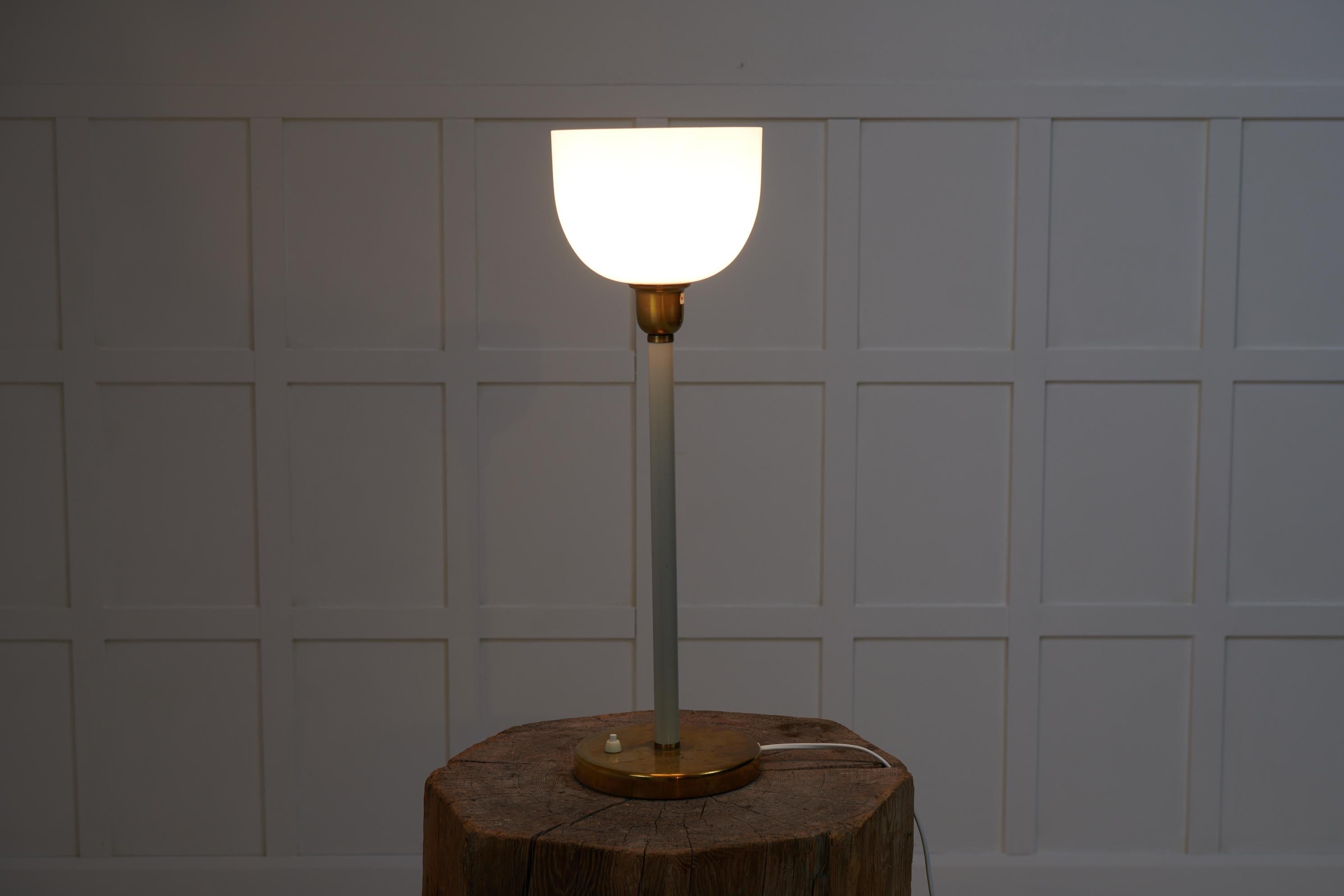 Scandinavian Modern Swedish Modern Brass and Opaline Glass Table Light, Likely Böhlmarks For Sale