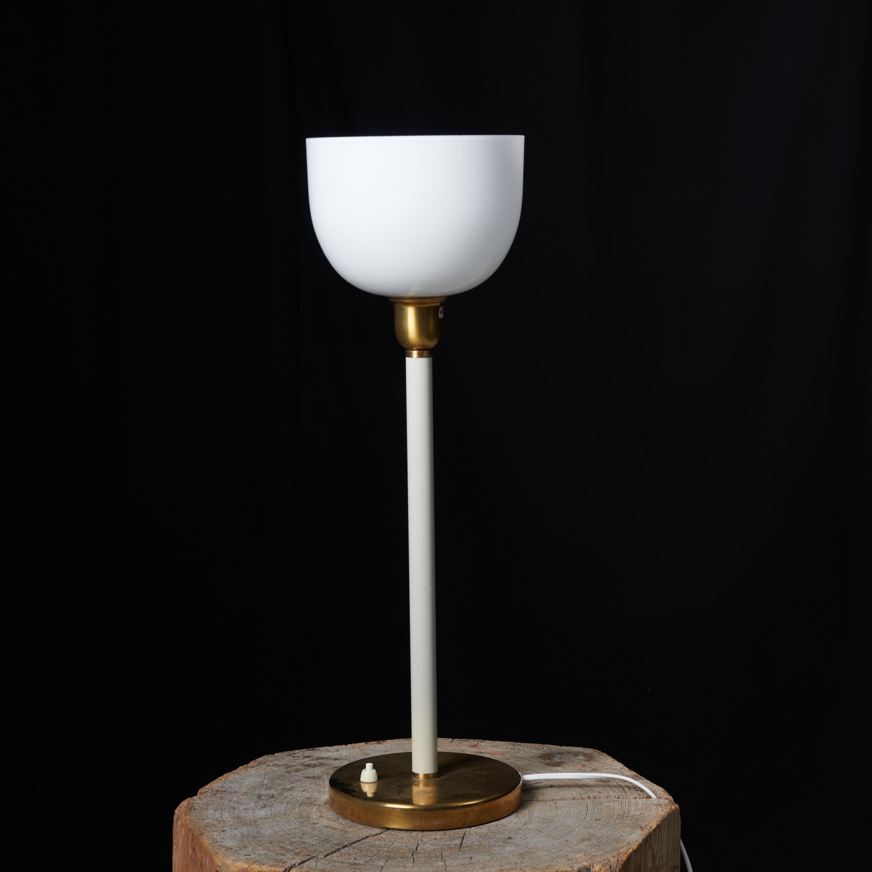20th Century Swedish Modern Brass and Opaline Glass Table Light, Likely Böhlmarks For Sale