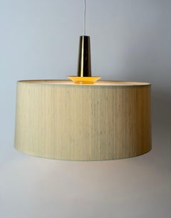 Swedish Modern Brass and Silk Drum Pendant Light, Minimalist Design, circa 1970