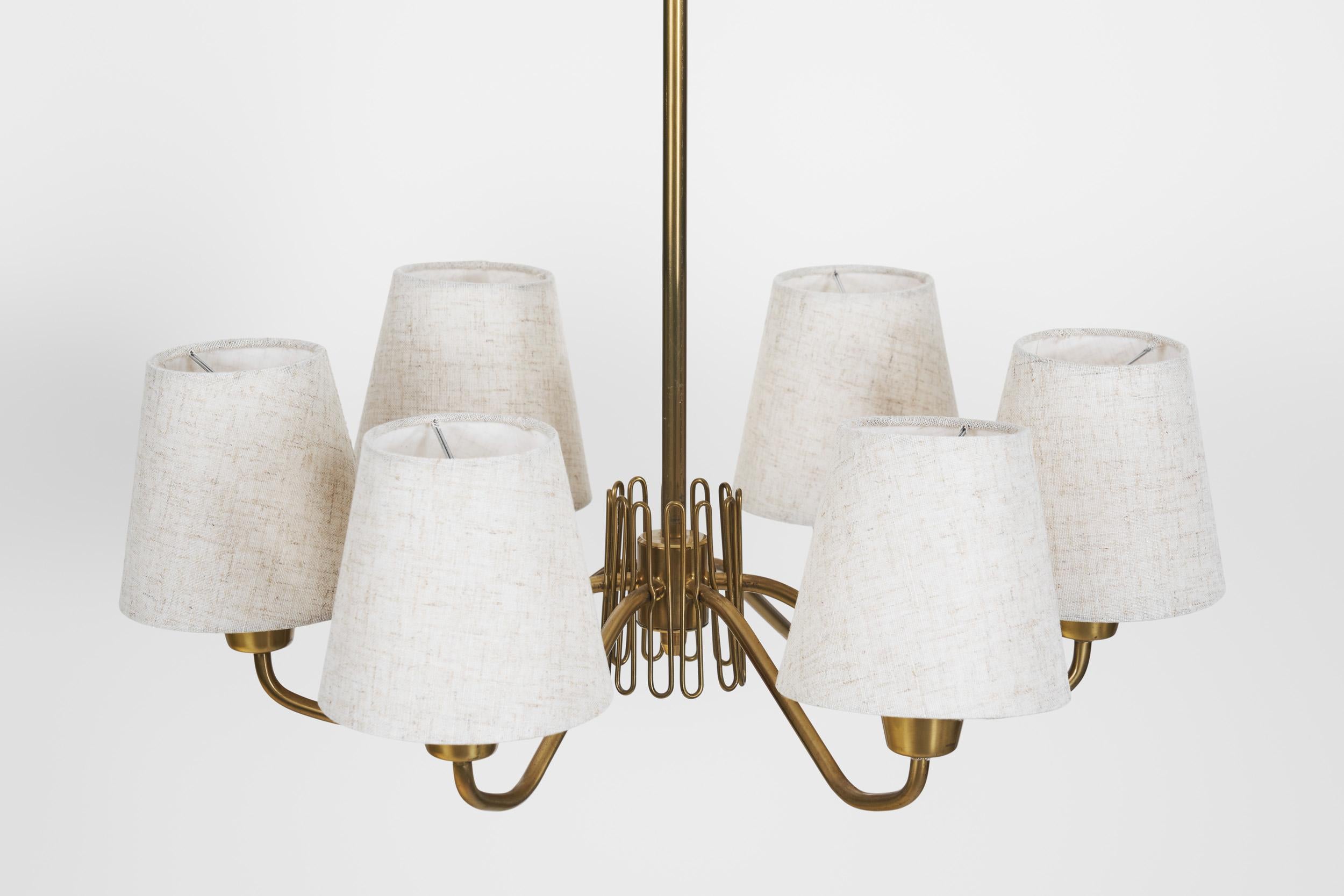 Swedish Modern Brass Ceiling Light with Fabric Shades, Sweden Mid-20th Century For Sale 6