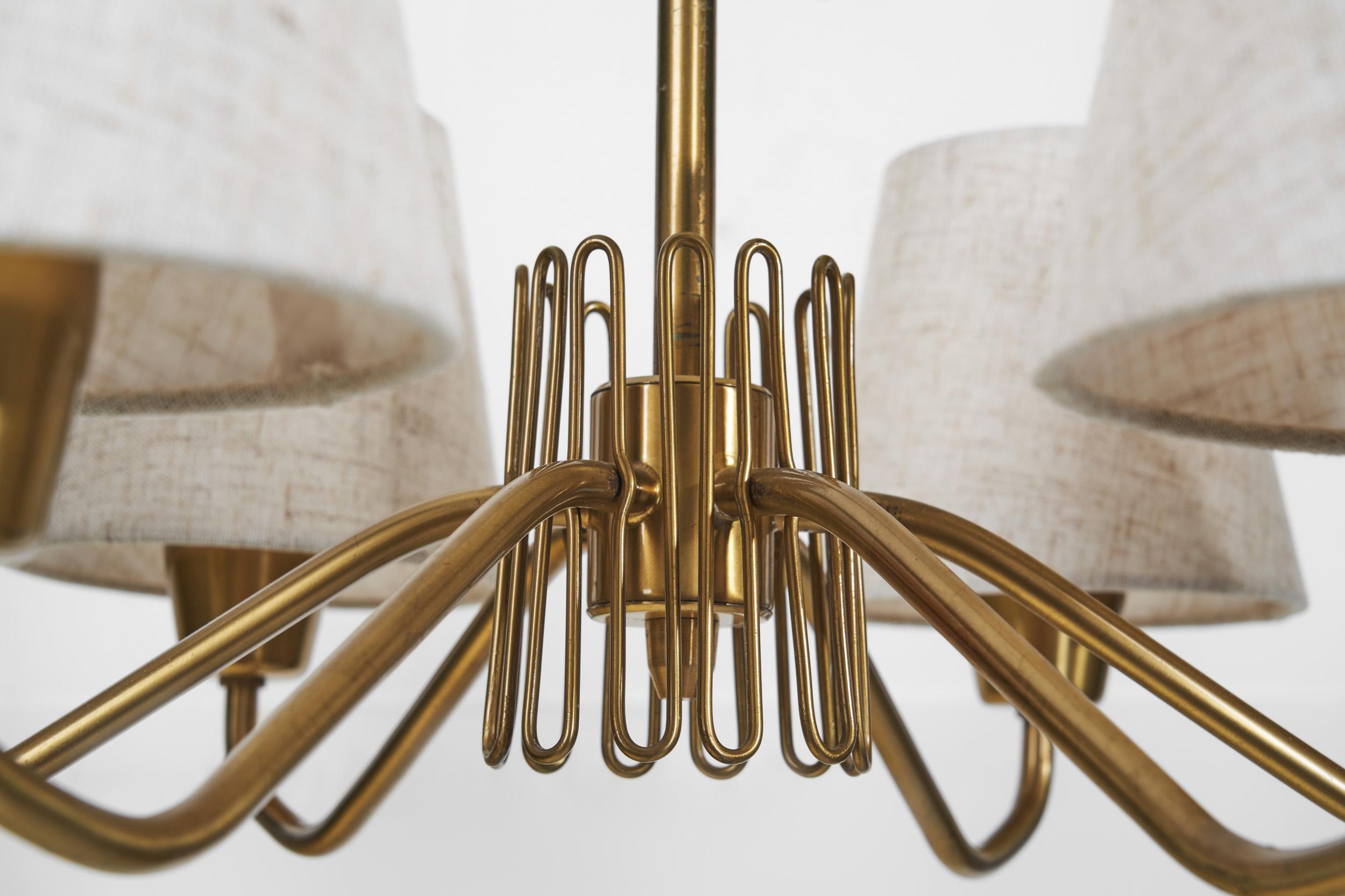 Swedish Modern Brass Ceiling Light with Fabric Shades, Sweden Mid-20th Century For Sale 9