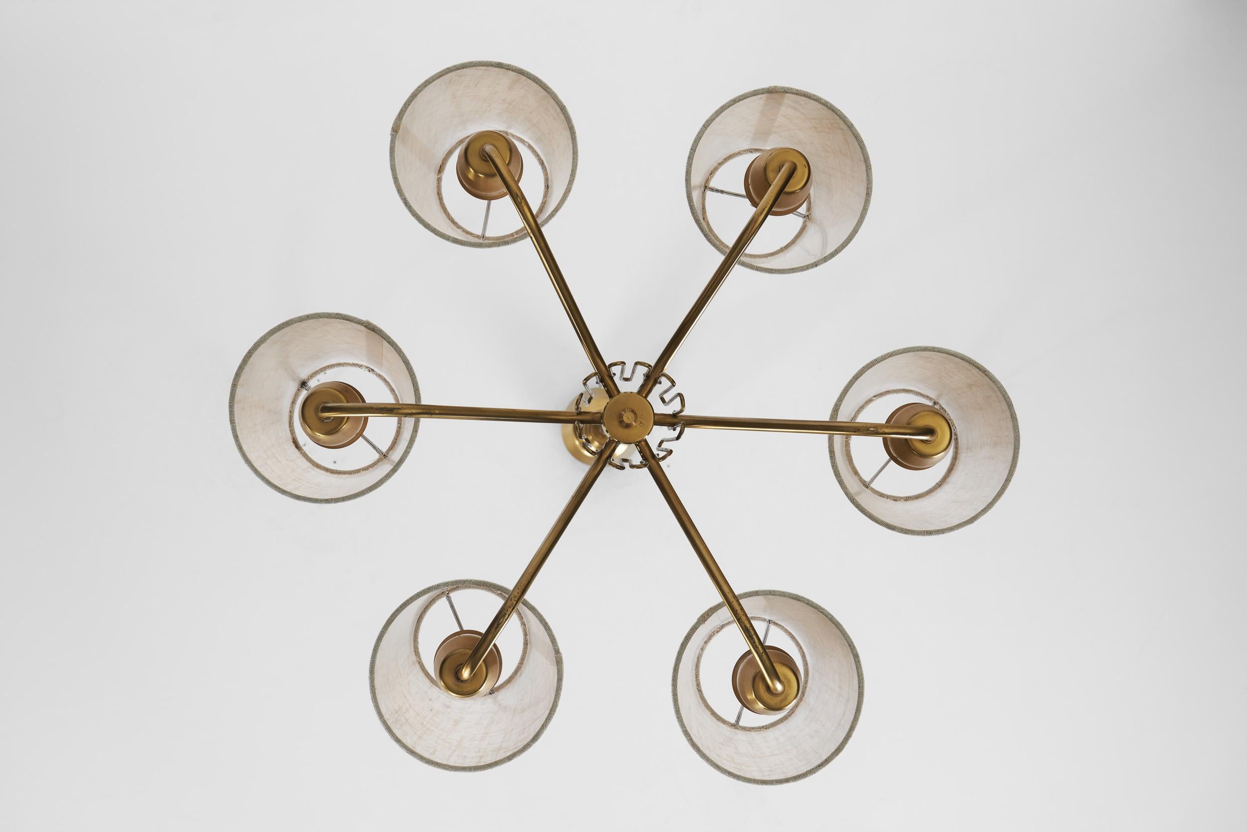 Swedish Modern Brass Ceiling Light with Fabric Shades, Sweden Mid-20th Century For Sale 15