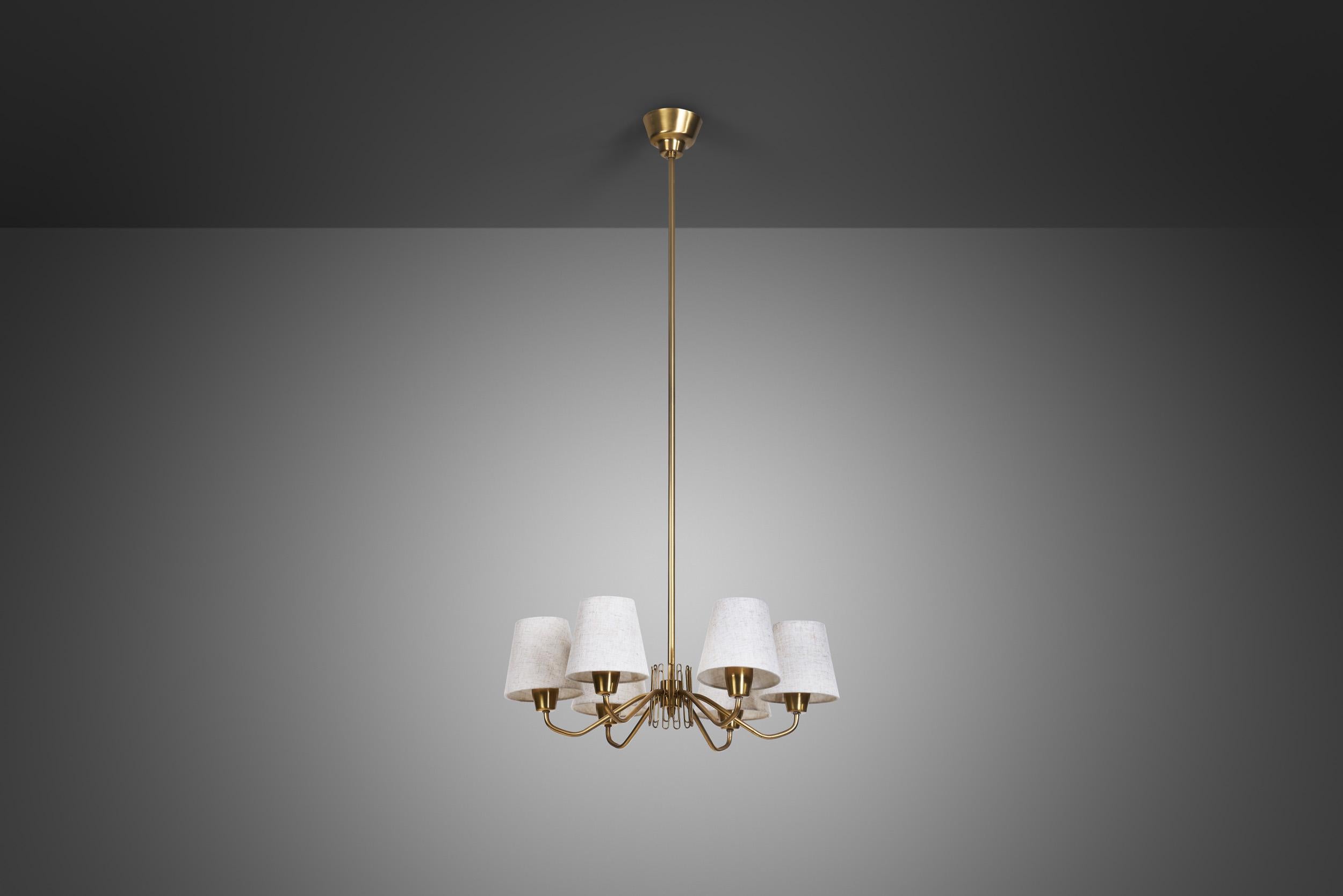 Mid-Century Modern Swedish Modern Brass Ceiling Light with Fabric Shades, Sweden Mid-20th Century For Sale