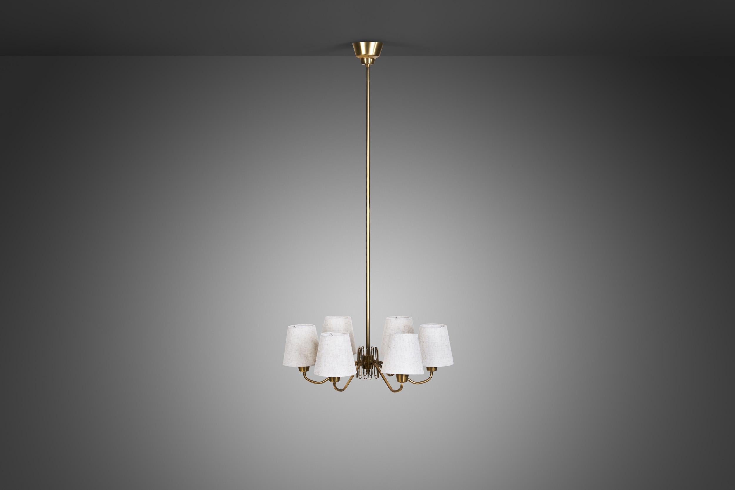 Swedish Modern Brass Ceiling Light with Fabric Shades, Sweden Mid-20th Century For Sale 1