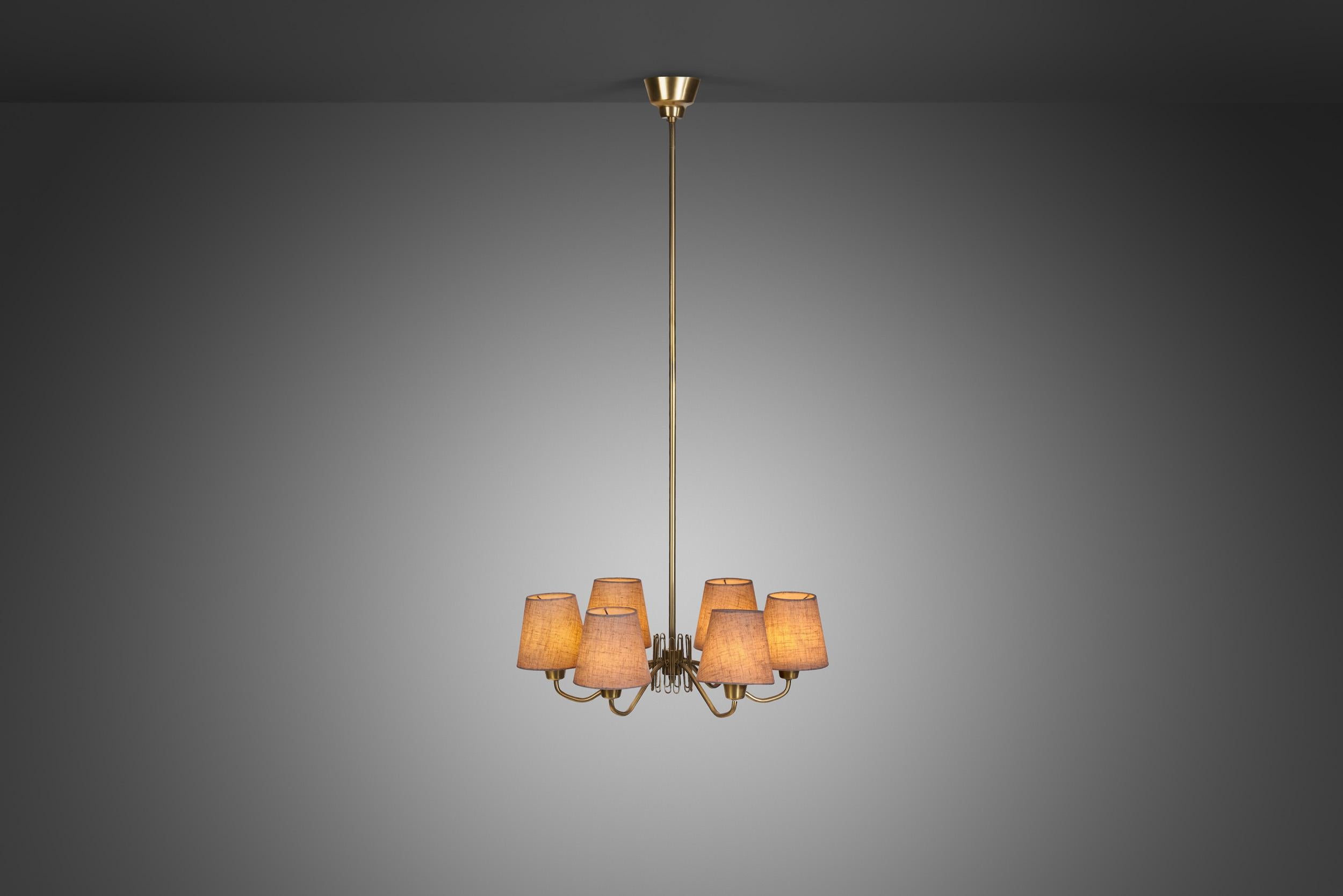 Swedish Modern Brass Ceiling Light with Fabric Shades, Sweden Mid-20th Century For Sale 2