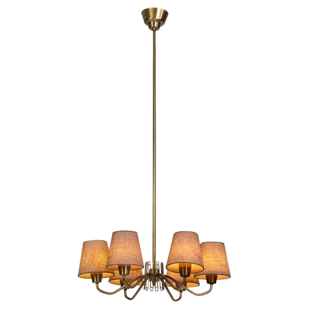 Swedish Modern Brass Ceiling Light with Fabric Shades, Sweden Mid-20th Century