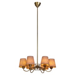 Swedish Modern Brass Ceiling Light with Fabric Shades, Sweden Mid-20th Century