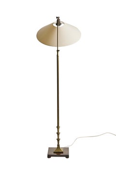 Swedish Modern Brass Floor Lamp, Adjustable Height, Wood Base, Sweden 1930s-40s