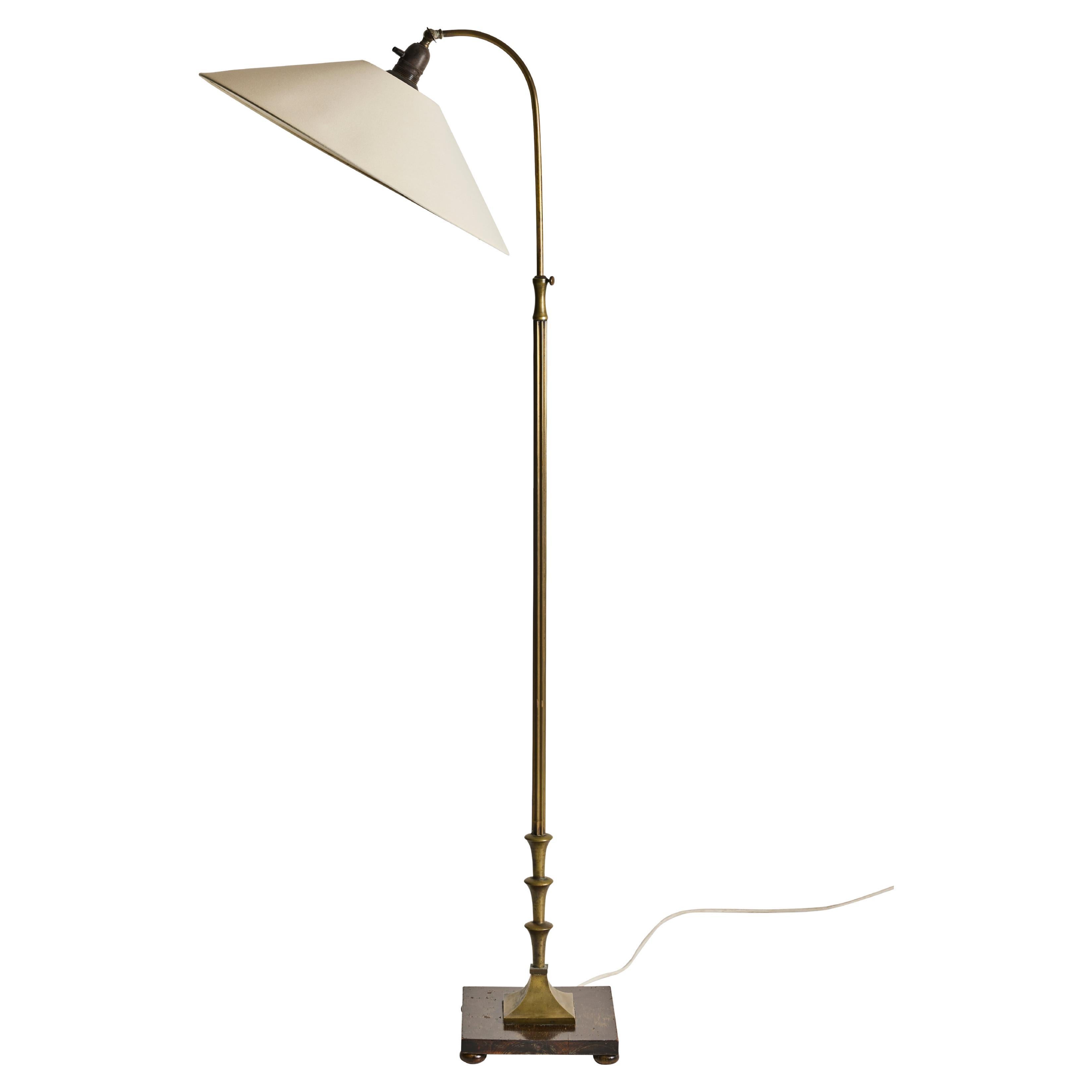 Swedish Modern Brass Floor Lamp, Adjustable Height, Wood Base, Sweden 1930s-40s