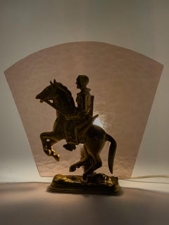 Swedish Modern Brass Table Lamp with Equestrian Figure and Textured Glass Shade