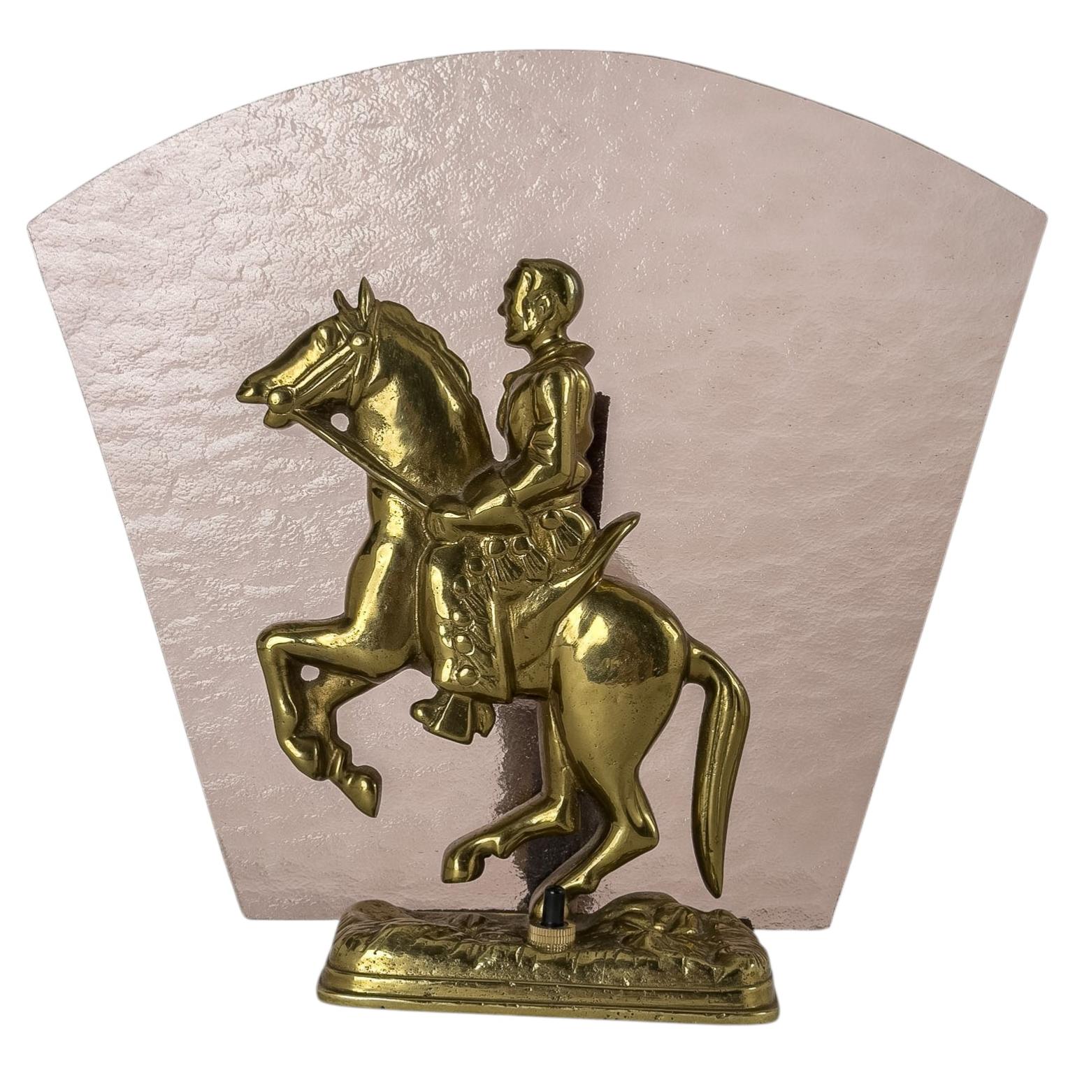 Swedish Modern Brass Table Lamp with Equestrian Figure and Textured Glass Shade For Sale